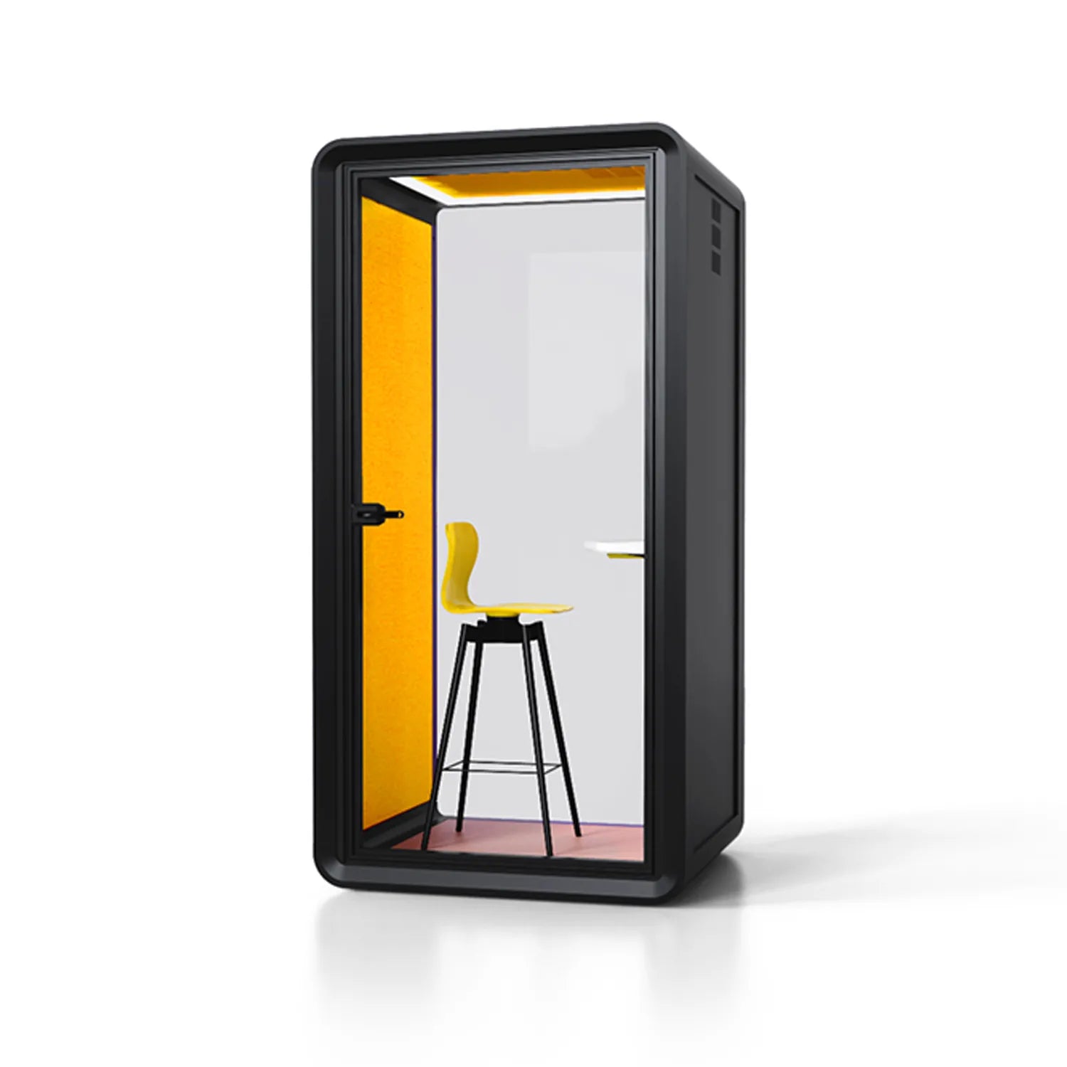 Side view of Flujo Acoustic Phone Booth, highlighting its minimalist and functional design for office spaces.