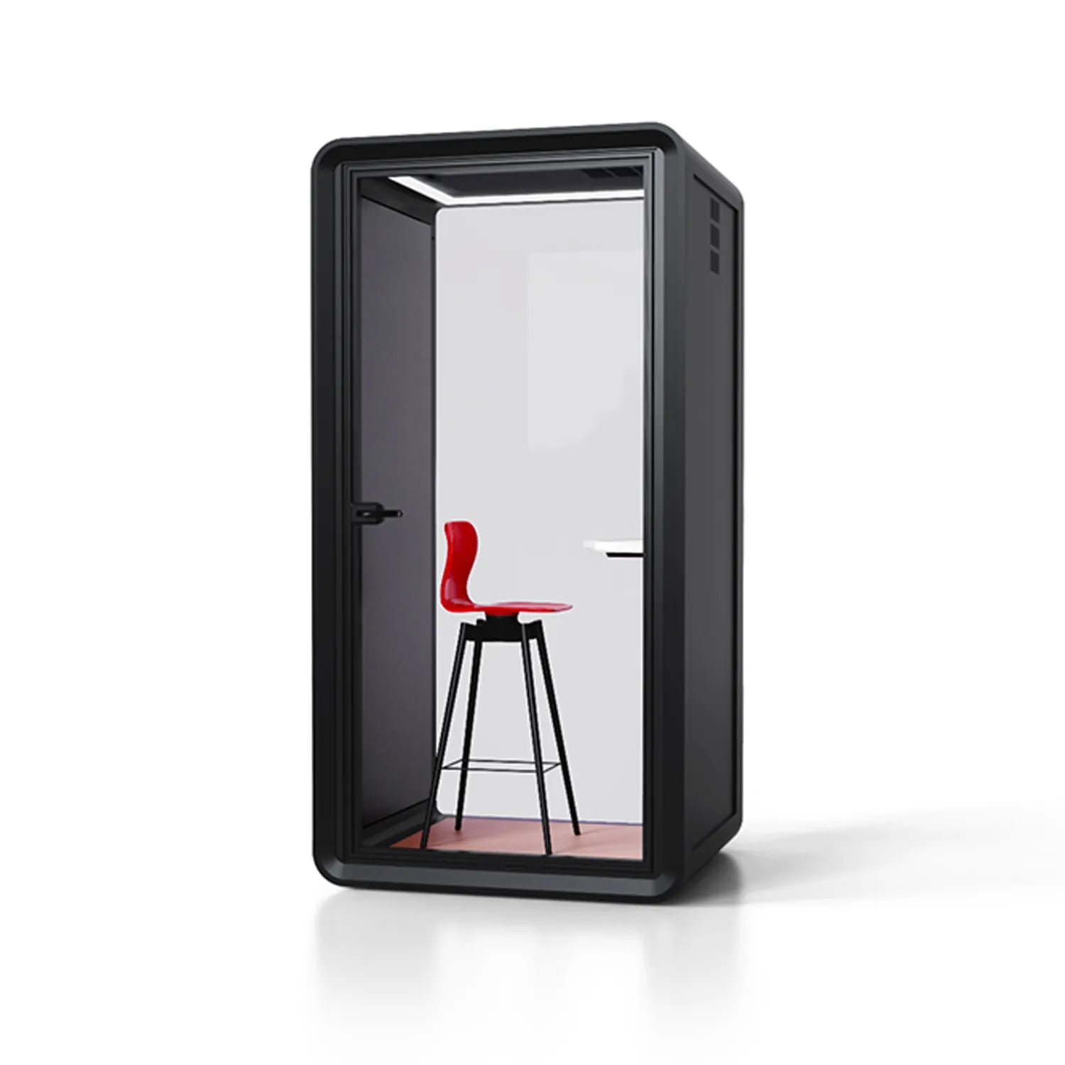 Side view of Flujo Acoustic Phone Booth, highlighting its minimalist and functional design for office spaces.