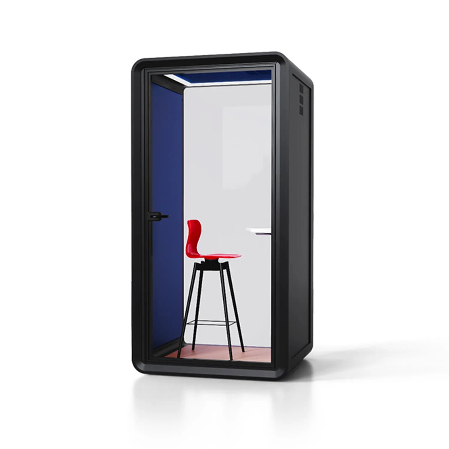 Side view of Flujo Acoustic Phone Booth, highlighting its minimalist and functional design for office spaces.