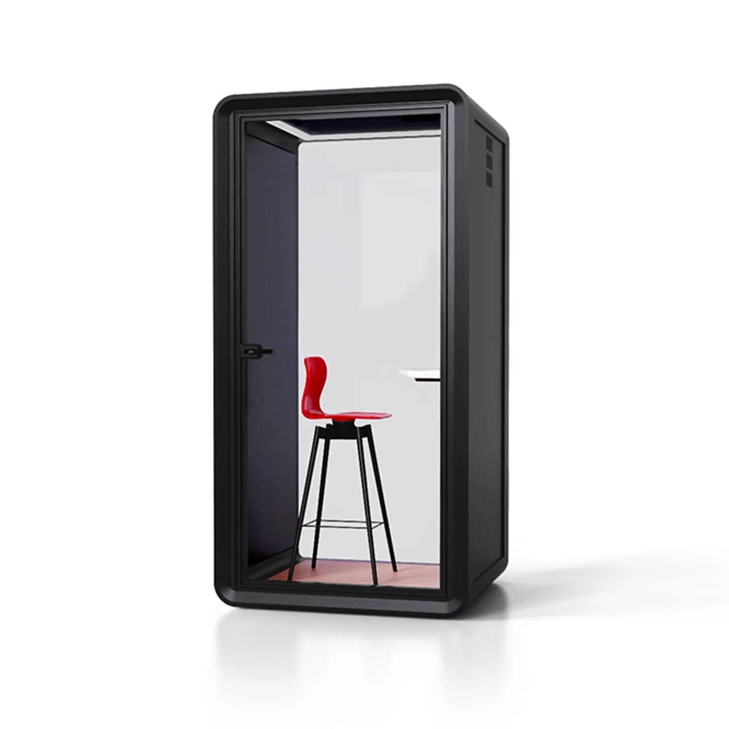 Side view of Flujo Acoustic Phone Booth, highlighting its minimalist and functional design for office spaces.