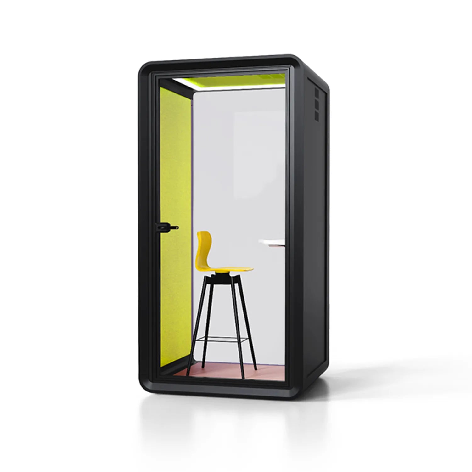 Side view of Flujo Acoustic Phone Booth, highlighting its minimalist and functional design for office spaces.