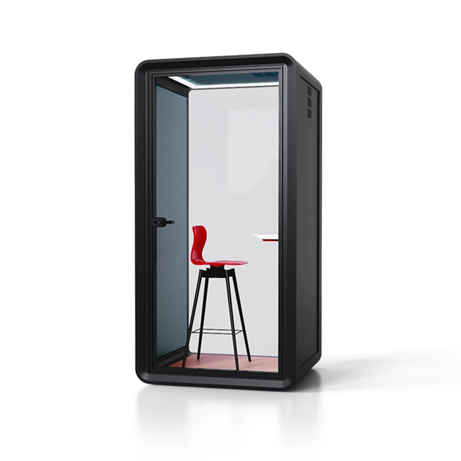 Side view of Flujo Acoustic Phone Booth, highlighting its minimalist and functional design for office spaces.