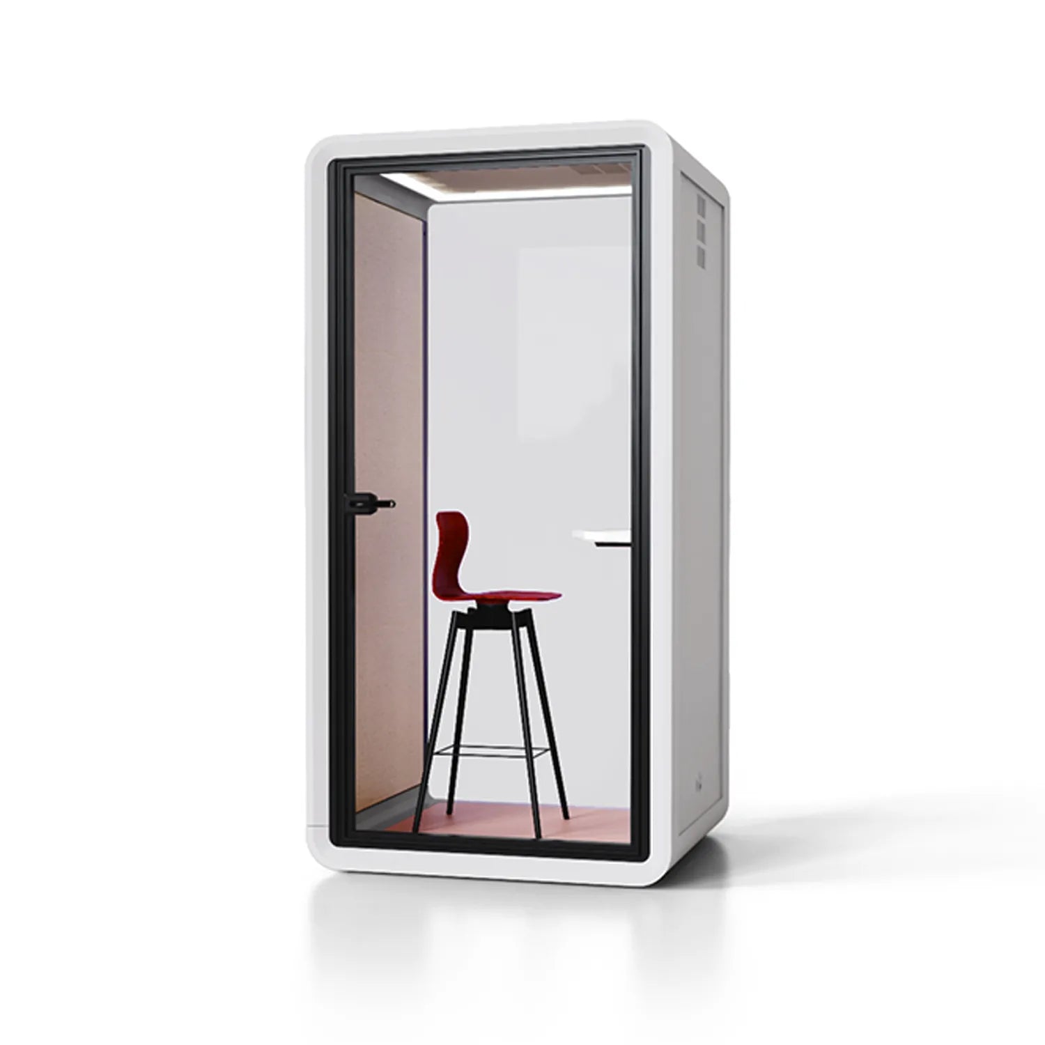 Side view of Flujo Acoustic Phone Booth, highlighting its minimalist and functional design for office spaces.