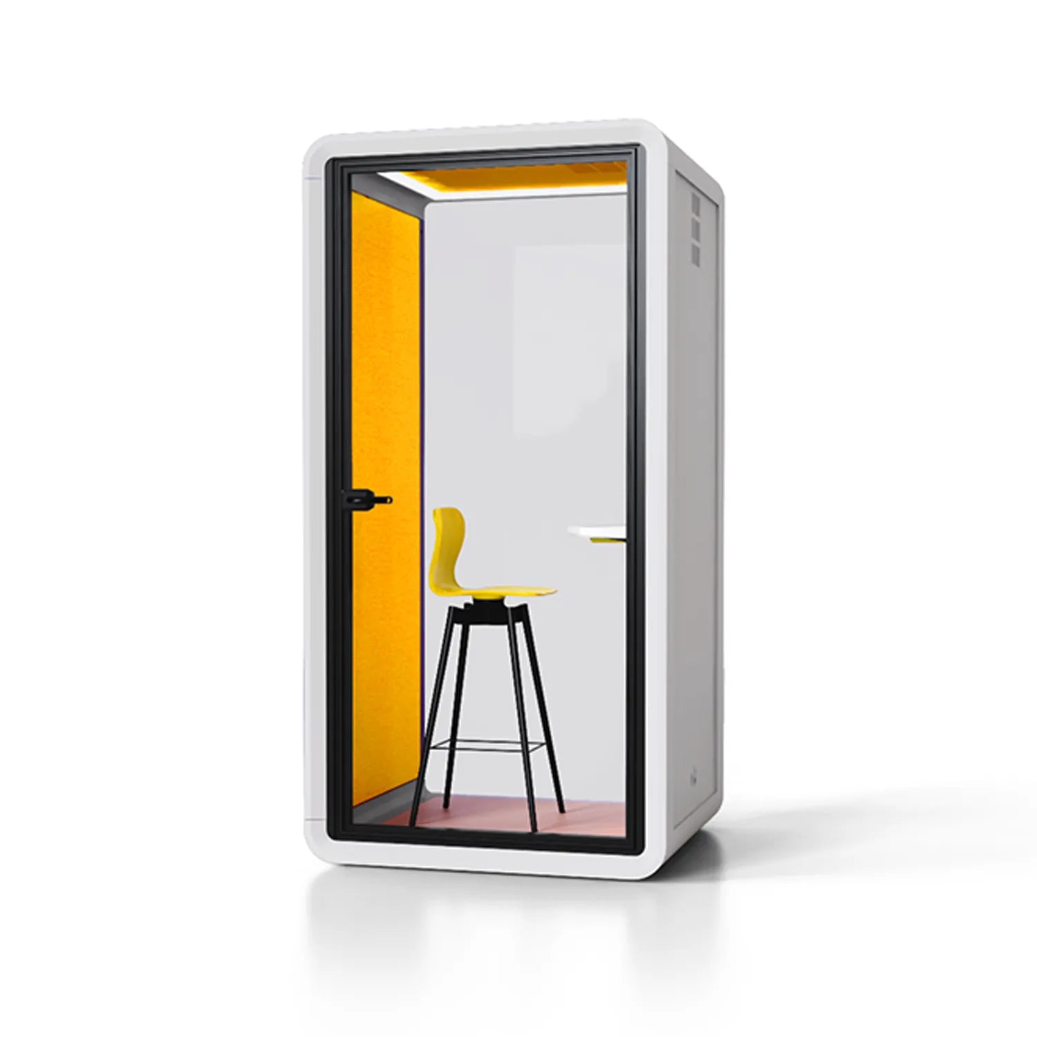 Side view of Flujo Acoustic Phone Booth, highlighting its minimalist and functional design for office spaces.