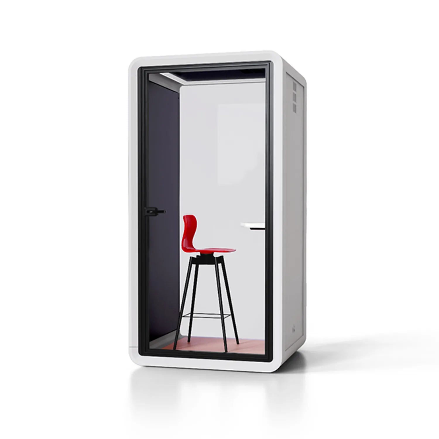 Side view of Flujo Acoustic Phone Booth, highlighting its minimalist and functional design for office spaces.