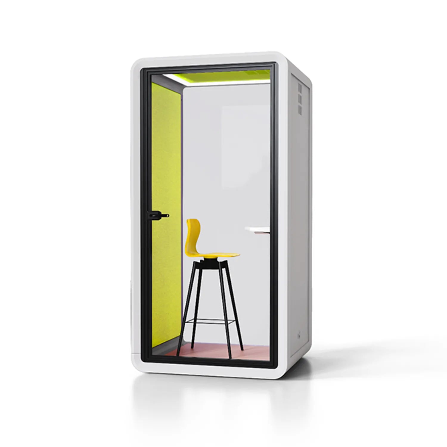 Side view of Flujo Acoustic Phone Booth, highlighting its minimalist and functional design for office spaces.