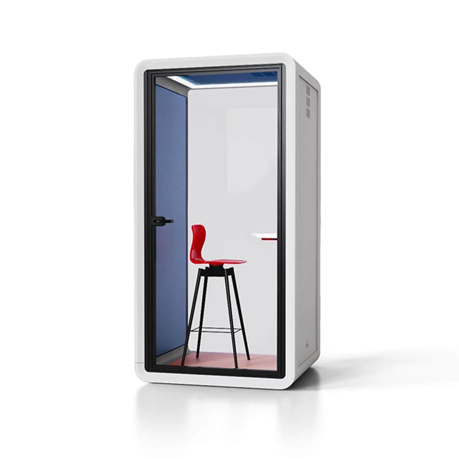 Side view of Flujo Acoustic Phone Booth, highlighting its minimalist and functional design for office spaces.