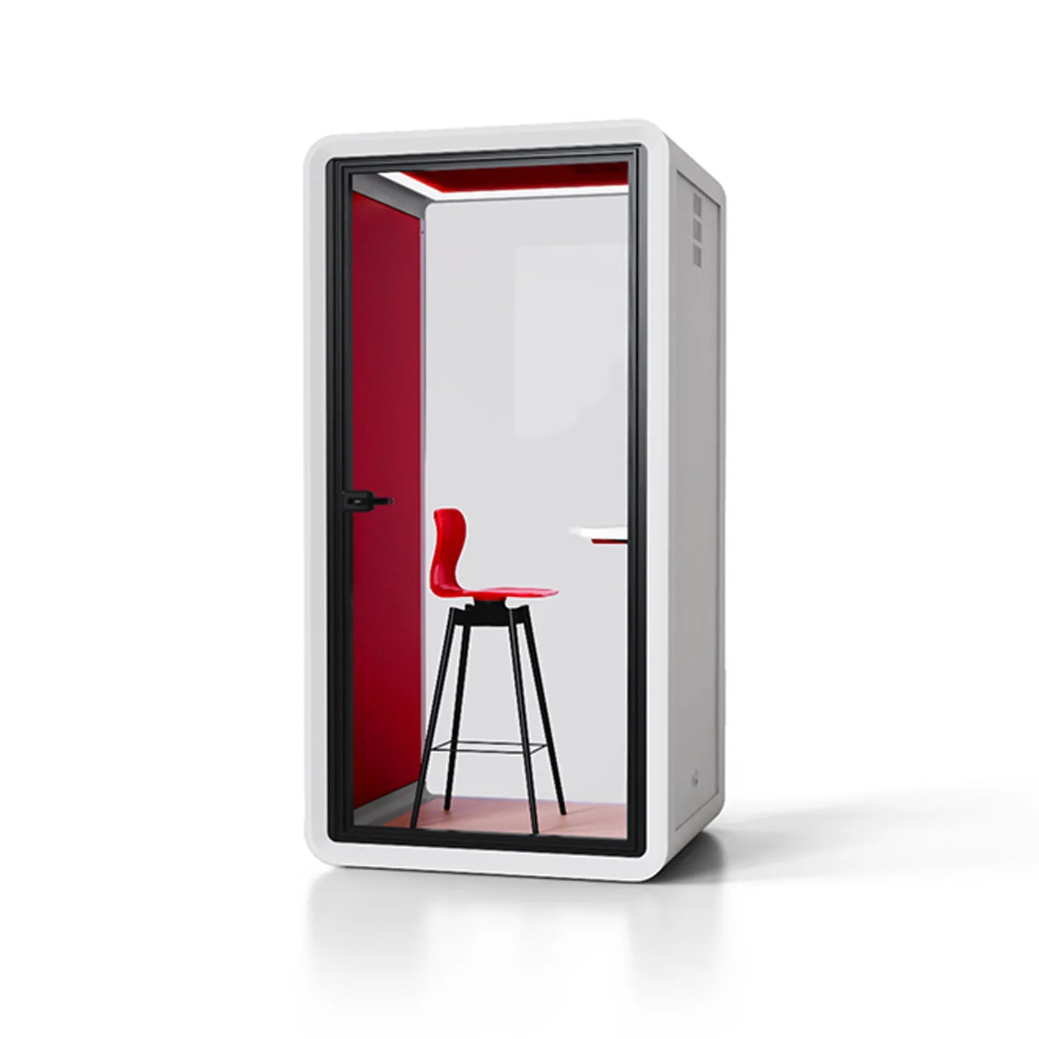 Side view of Flujo Acoustic Phone Booth, highlighting its minimalist and functional design for office spaces.