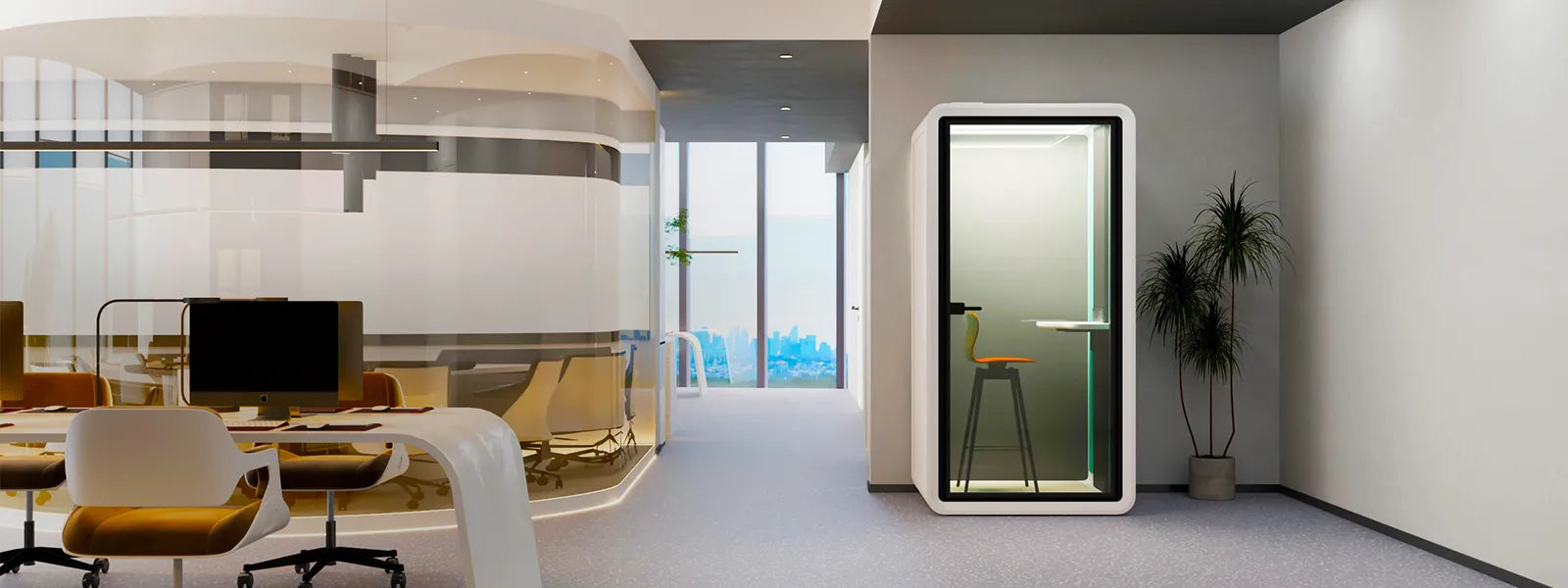 Flujo Acoustic Pod in a modern office setting, featuring a sleek and private space for focused work.