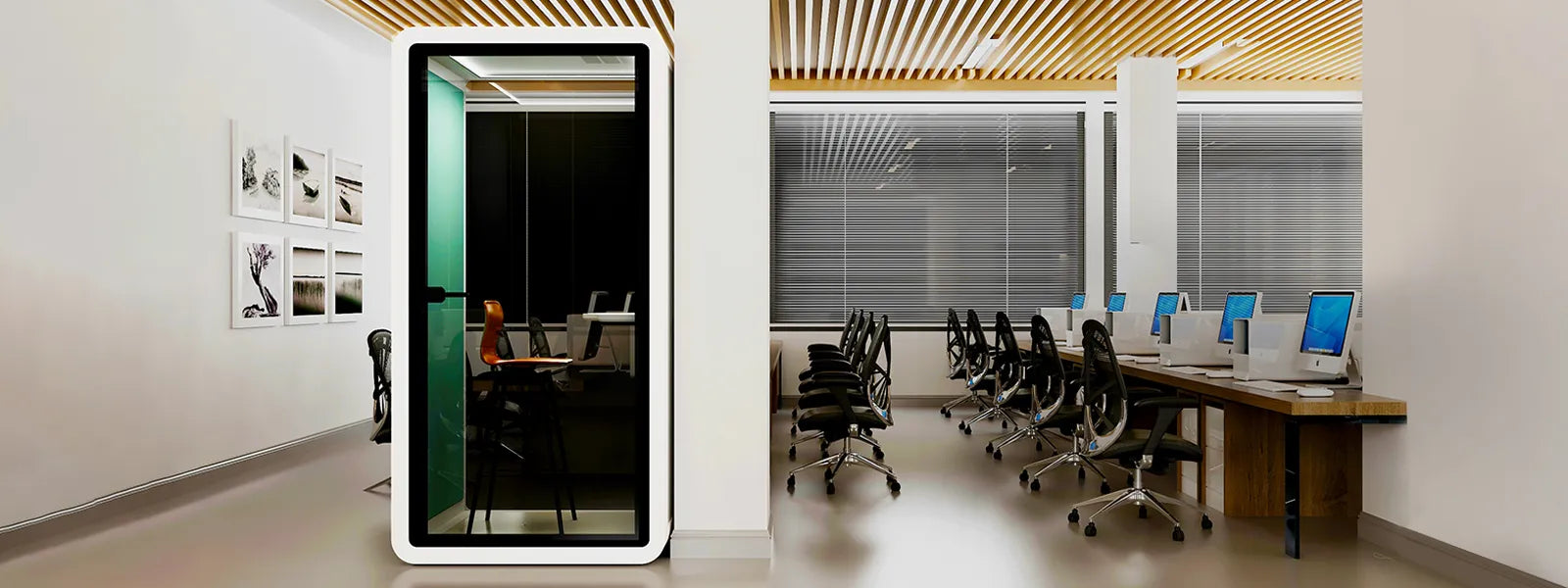 Flujo Acoustic Pod integrated into a contemporary office environment, providing a quiet space for meetings or work.