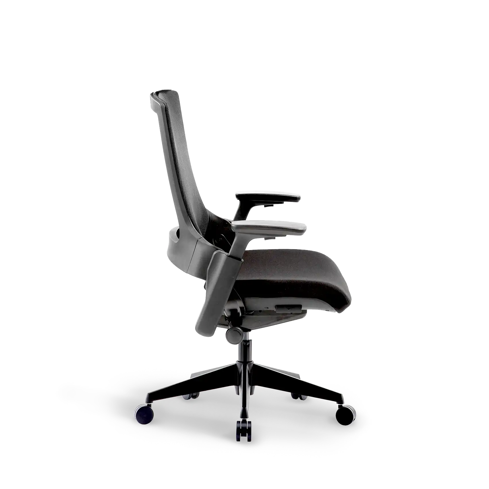Side view of Flujo Angulo ergonomic office chair with headrest in black