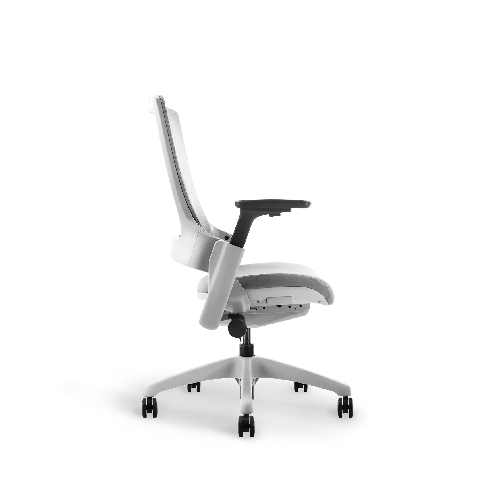 Side perspective of Flujo Angulo grey office chair showing tilt mechanism