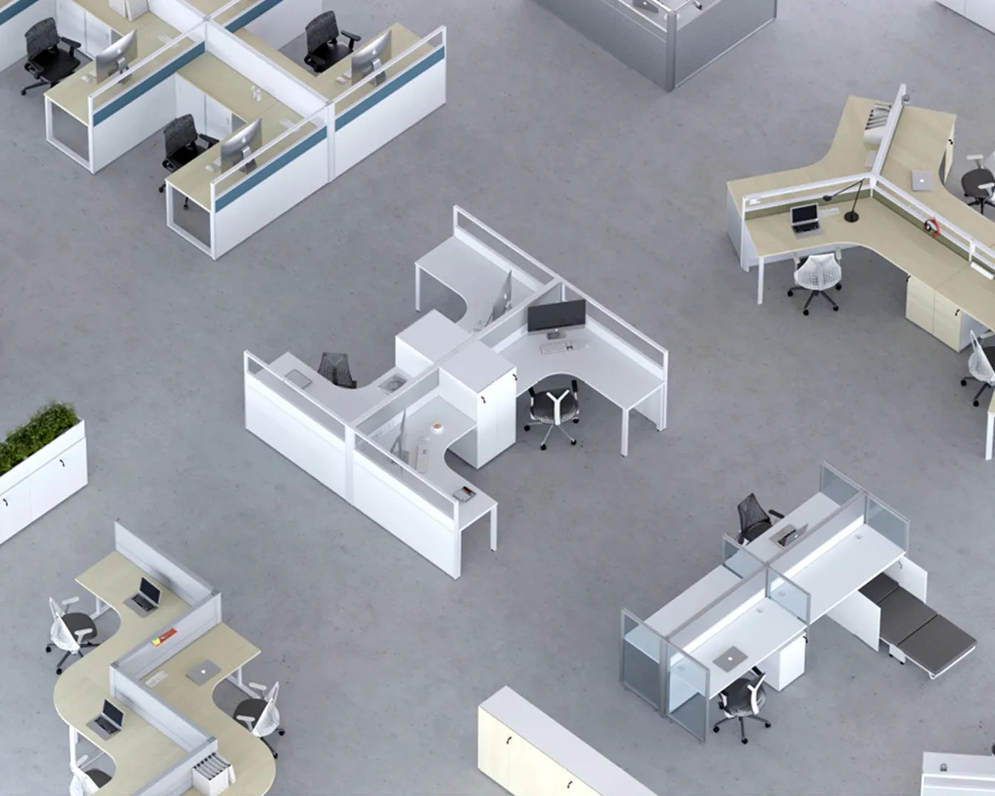 Flujo Ascent Collective system workstations showcasing various configurations, designed for versatile and efficient office layouts.