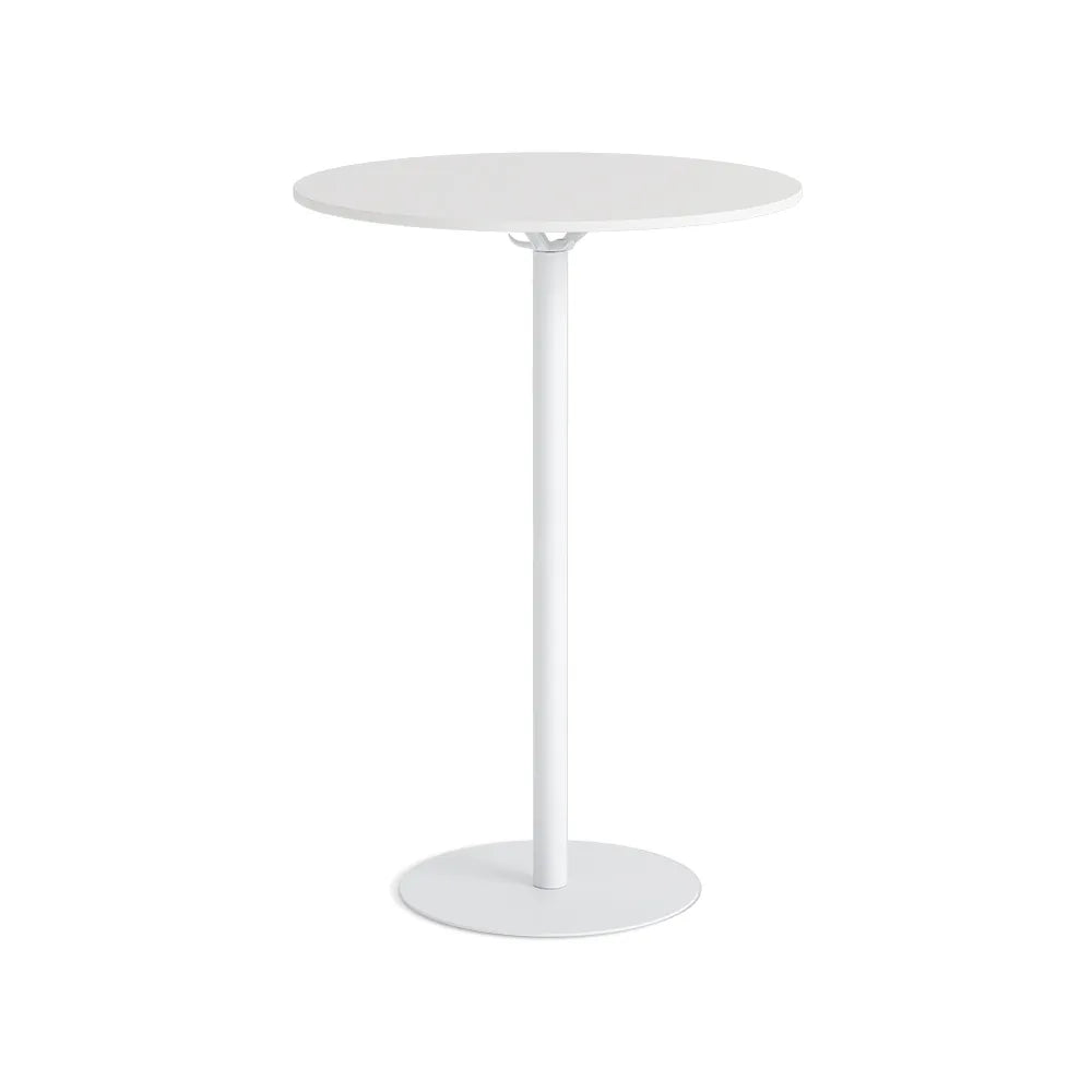 Flujo Camille high round table in white for modern collaborative spaces in Singapore.