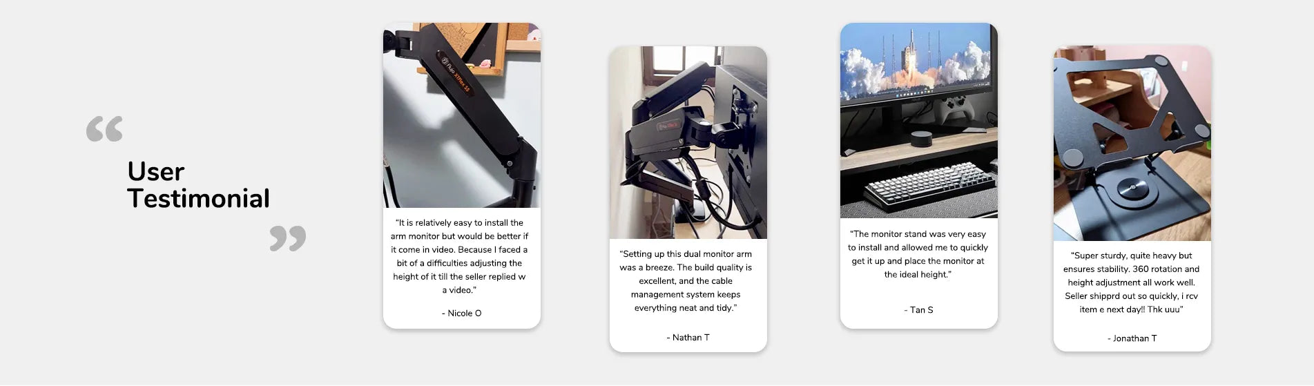 User testimonials on Flujo monitor arms showcasing ease of installation and quality.