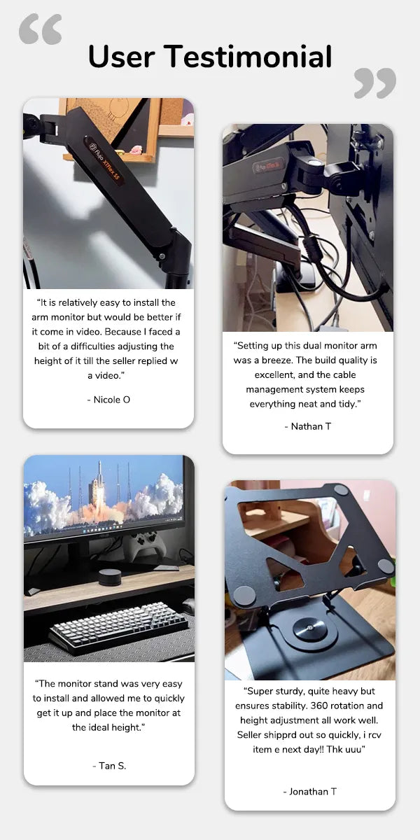 User testimonials on Flujo monitor arms showcasing ease of installation and quality.