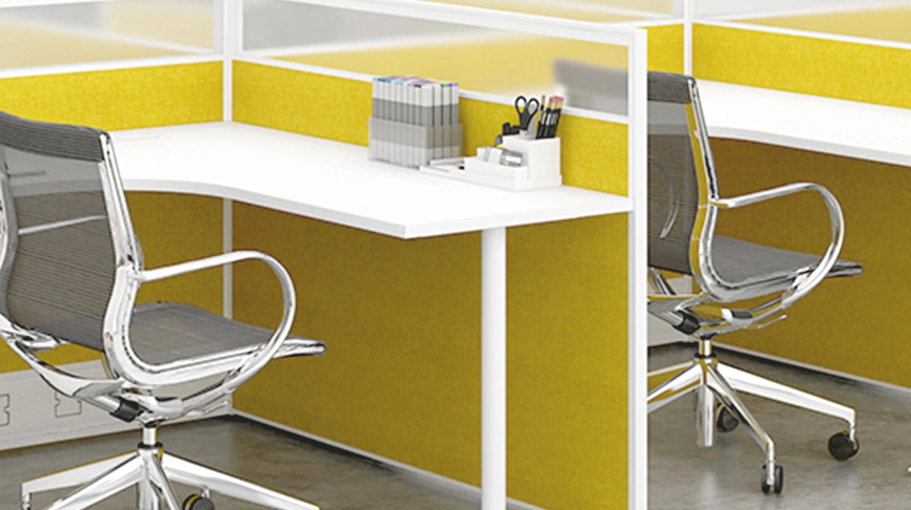 Flujo fabric panel desk screen in a modern office setup, showcasing a bright and functional workspace.