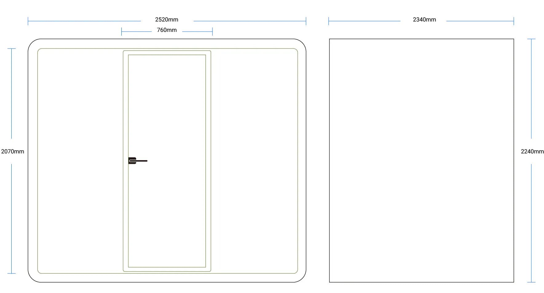 Technical dimensions and specifications of the Flujo Hexa Meeting Pod, highlighting its compact and efficient design.