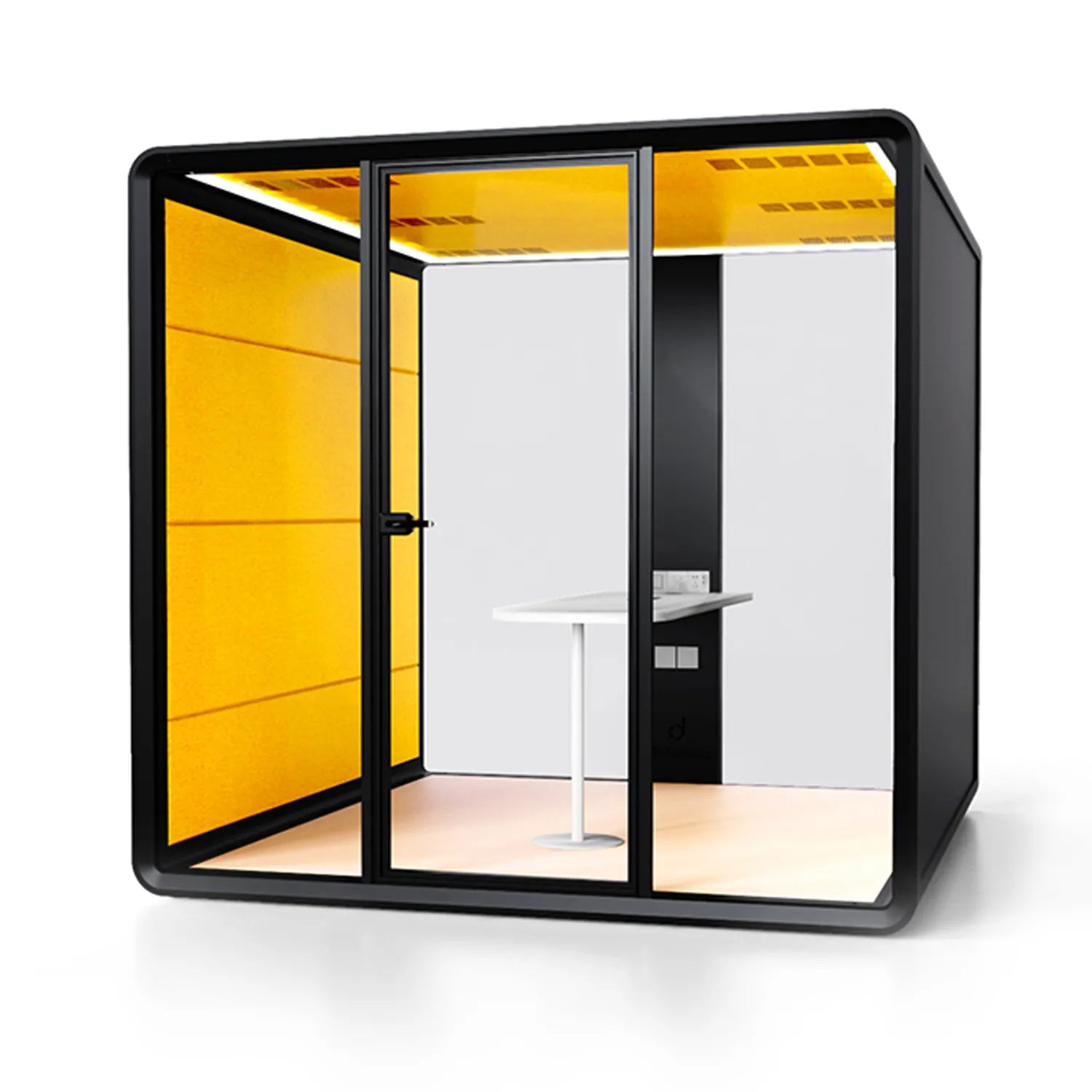 Front angle view of the Flujo Hexa Meeting Pod, highlighting its modern design with a glass door and blue acoustic panels.