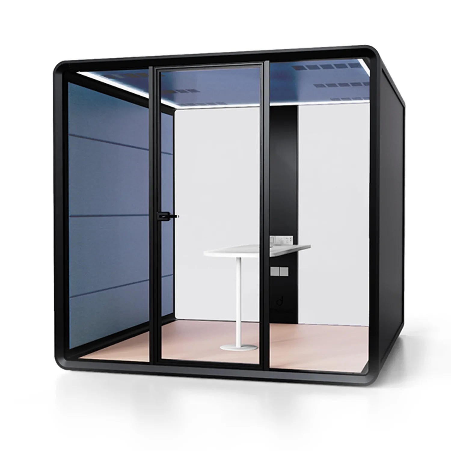 Front angle view of the Flujo Hexa Meeting Pod, highlighting its modern design with a glass door and blue acoustic panels.