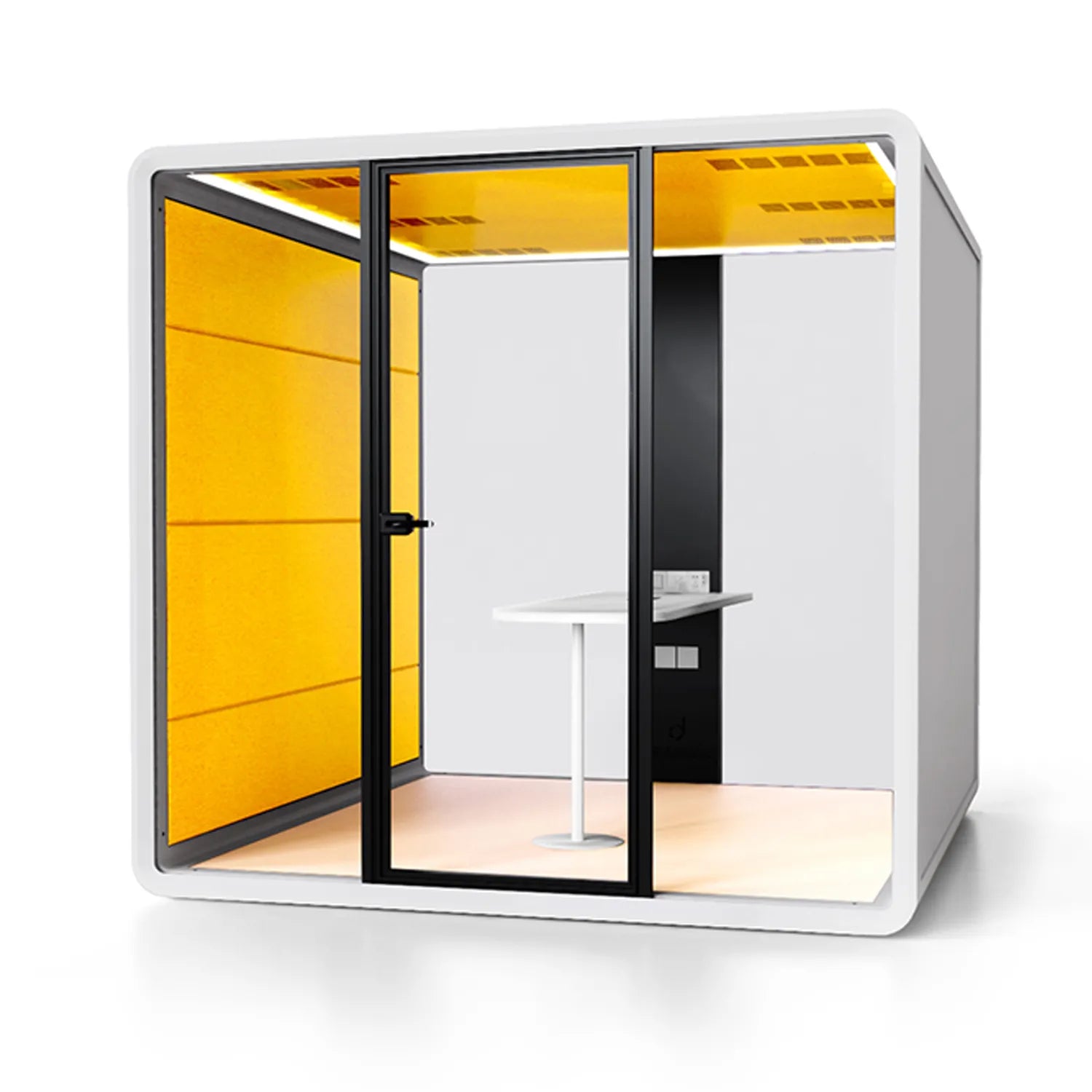 Front angle view of the Flujo Hexa Meeting Pod, highlighting its modern design with a glass door and blue acoustic panels.