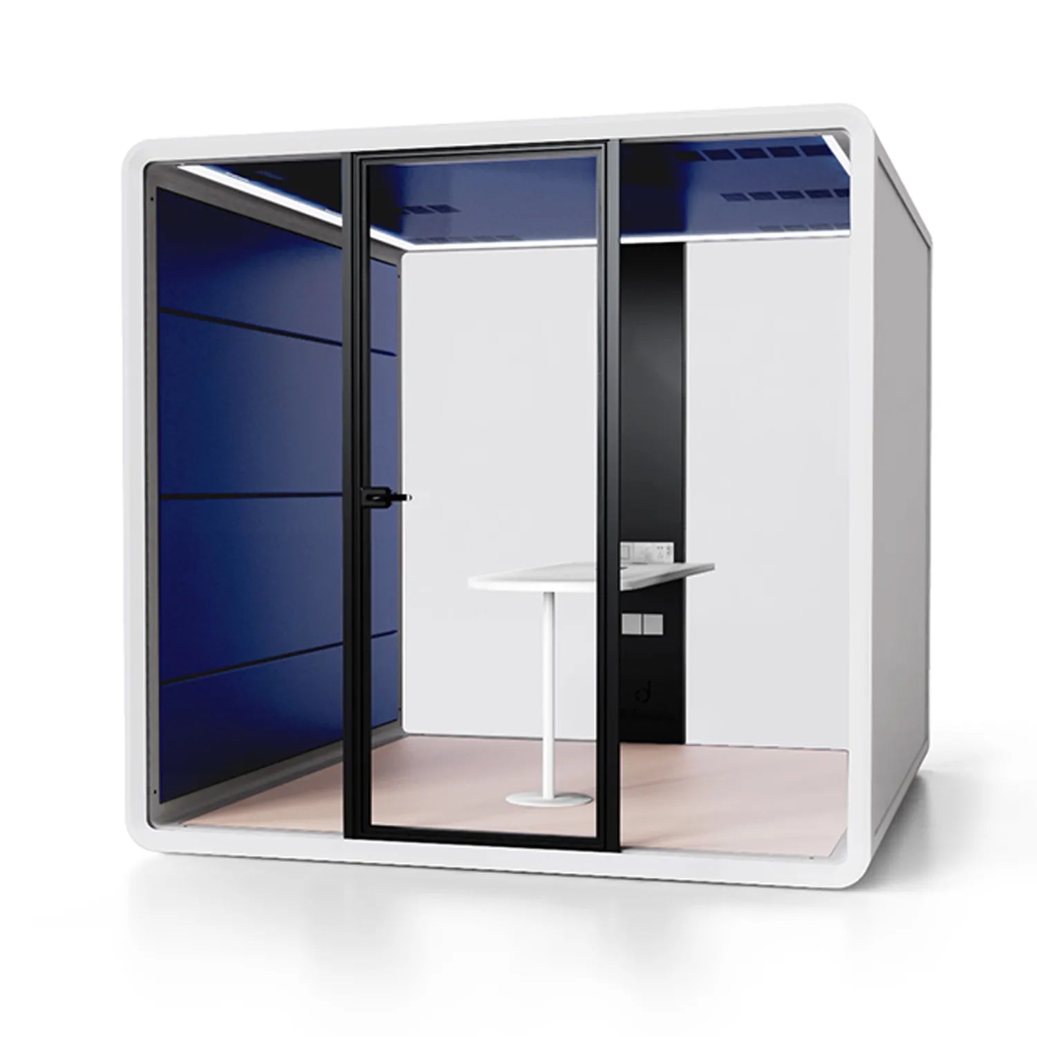 Front angle view of the Flujo Hexa Meeting Pod, highlighting its modern design with a glass door and blue acoustic panels.