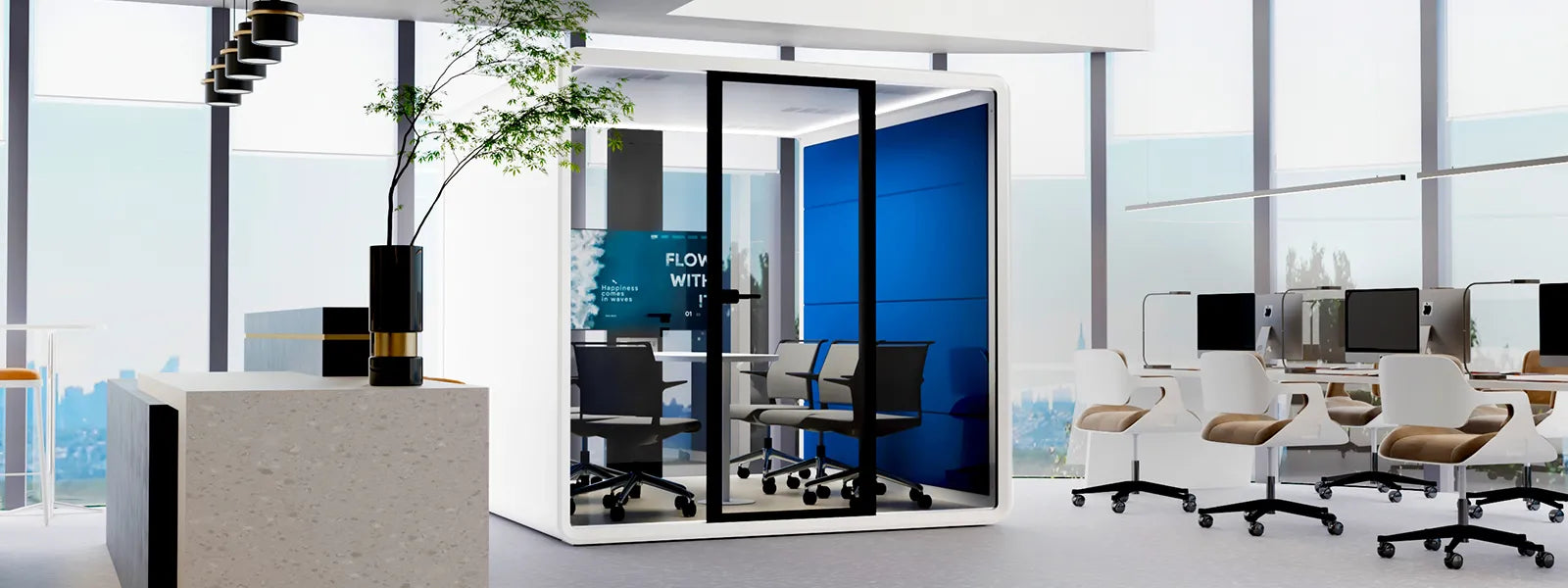 Flujo Hexa Meeting Pod situated in an open office environment, providing a private space with vibrant blue interiors for focused team discussions.