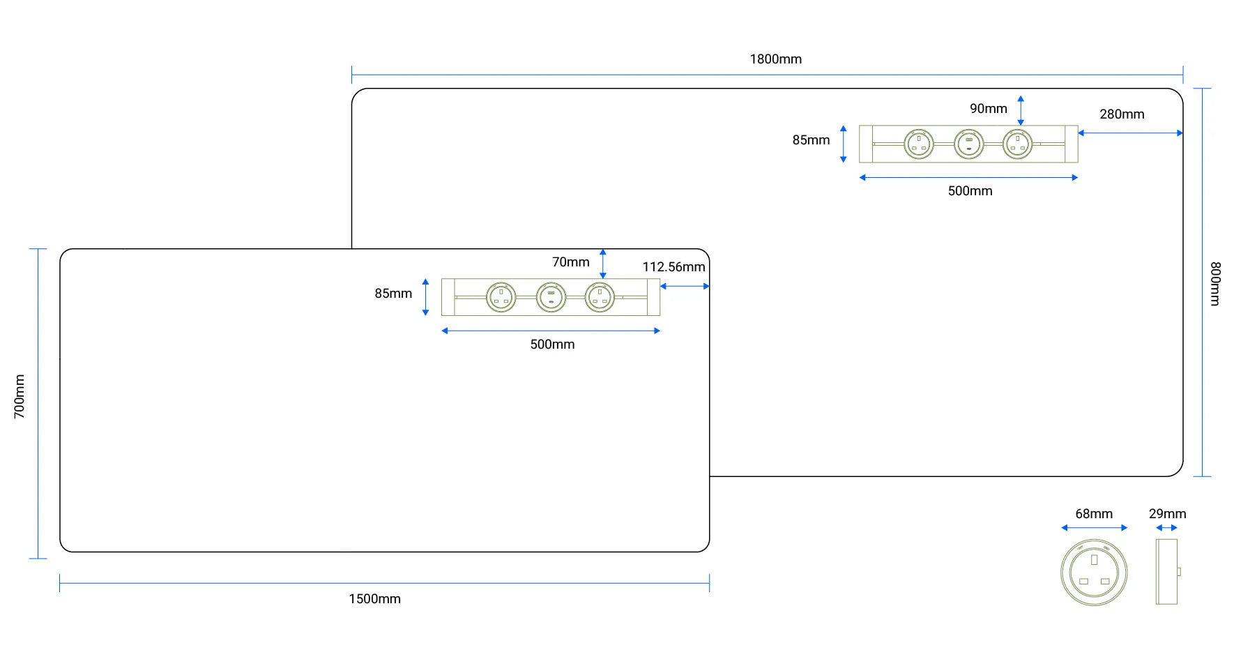 Technical diagram showing the dimensions and layout of the Flujo Ingrid Executive Desk with detailed measurements.