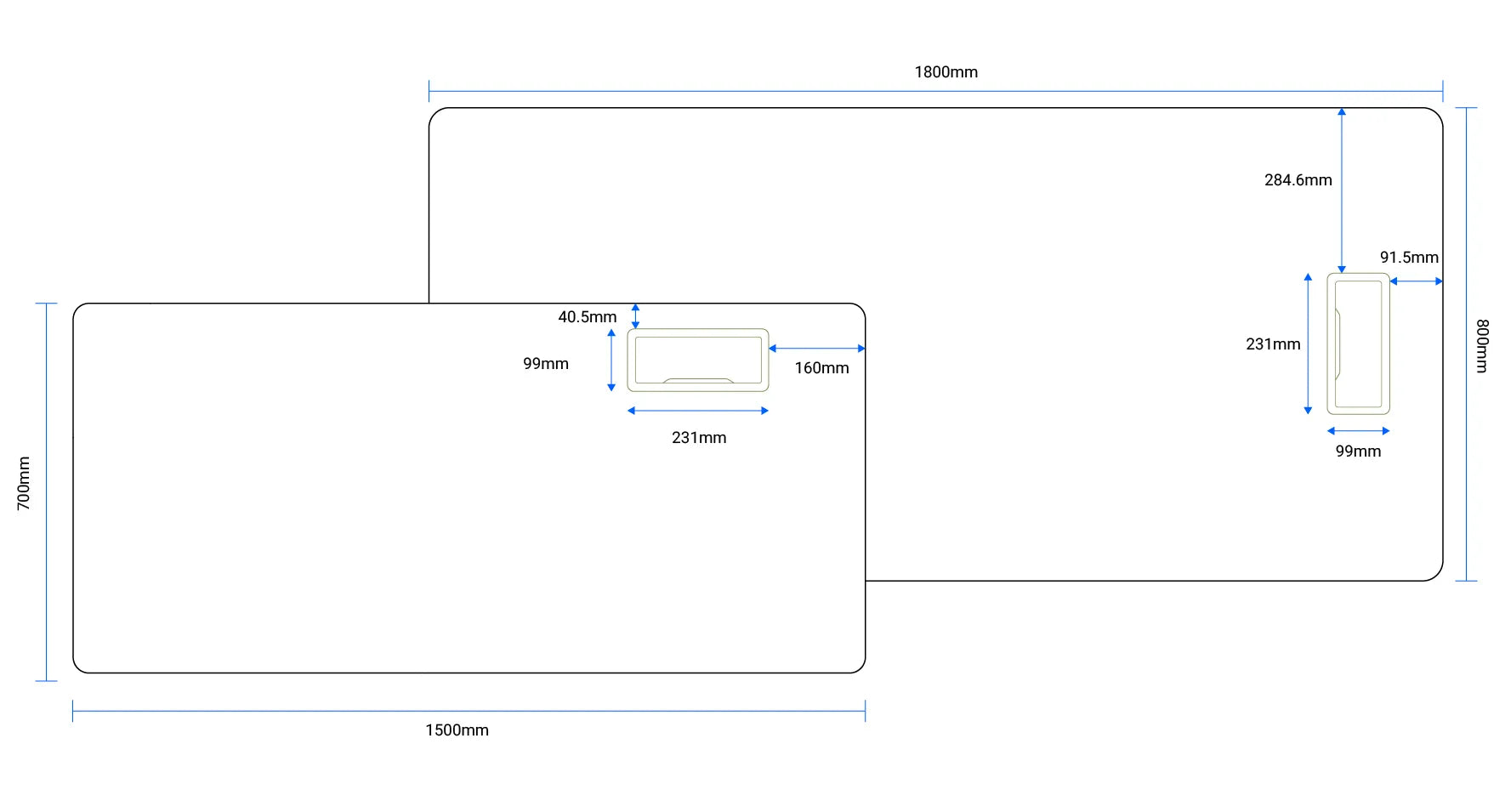 Technical blueprint displaying the precise measurements and layout of the Flujo Ingrid Executive Desk, including power strip positioning.