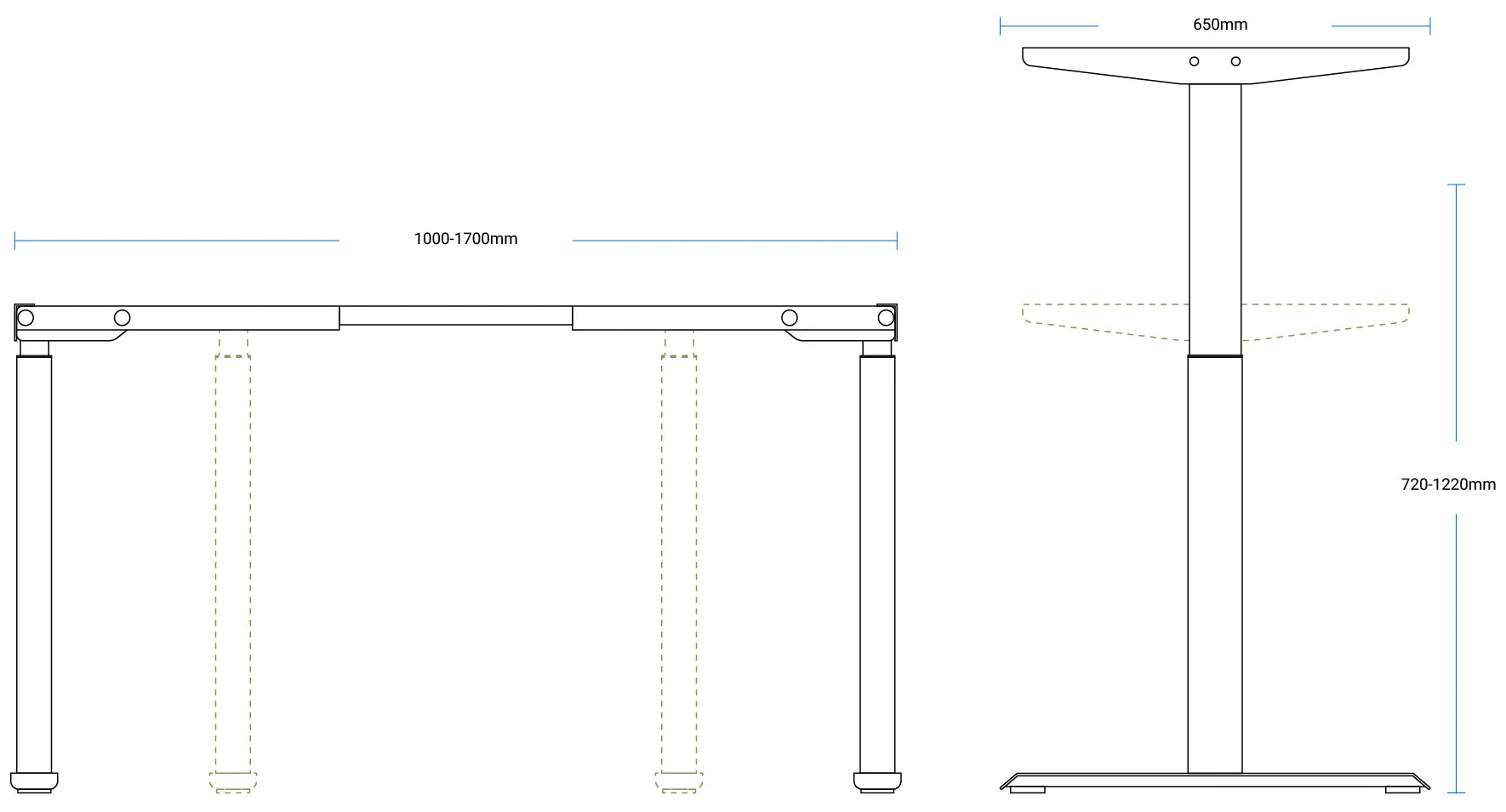 Technical illustration of the Flujo Ingrid Executive Desk frame dimensions, highlighting the height range and length adjustments.