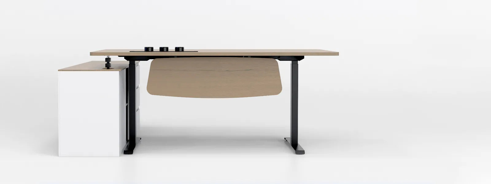 Flujo Ingrid Executive Desk: A sleek and modern executive desk with a light wood finish, featuring black support legs and a white storage cabinet.