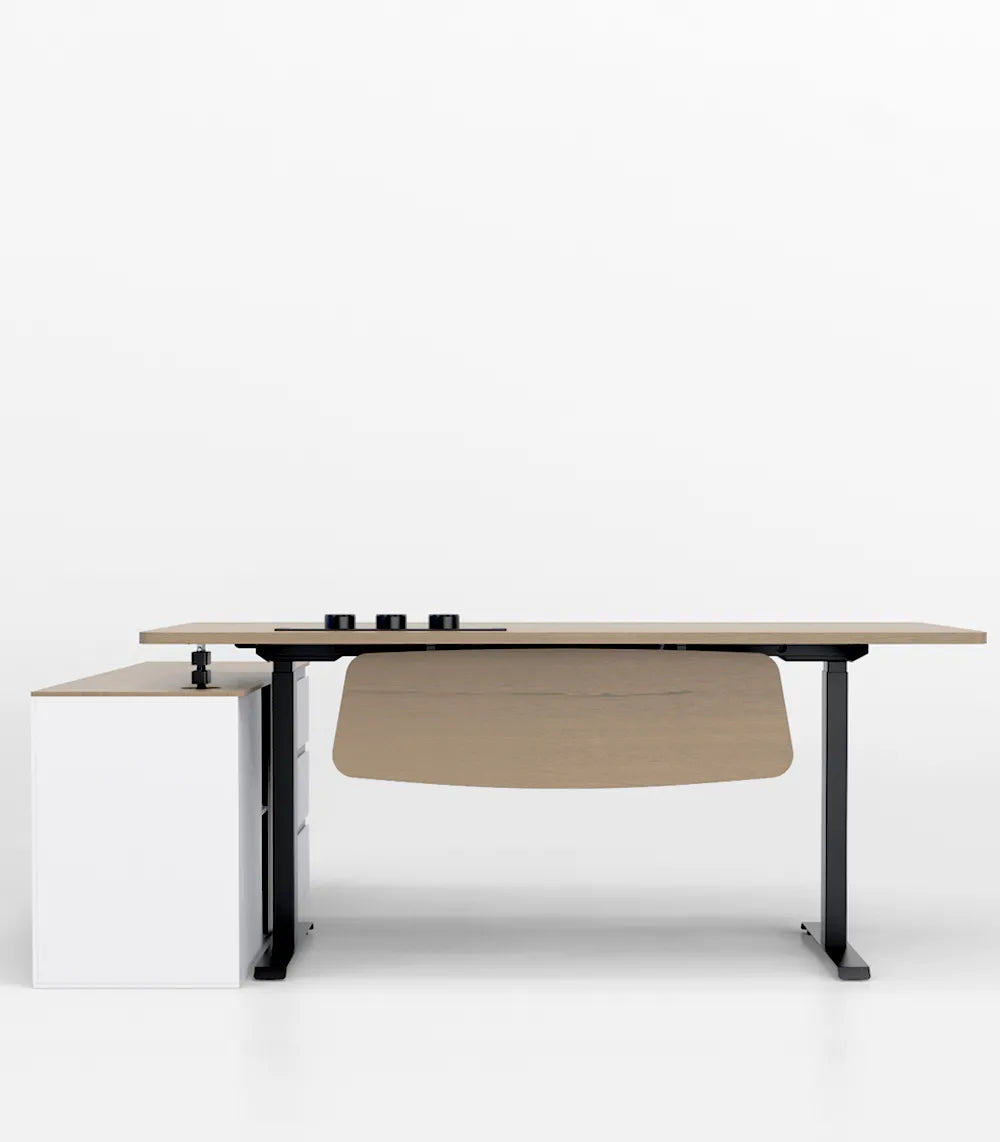 Flujo Ingrid Executive Desk: A sleek and modern executive desk with a light wood finish, featuring black support legs and a white storage cabinet.