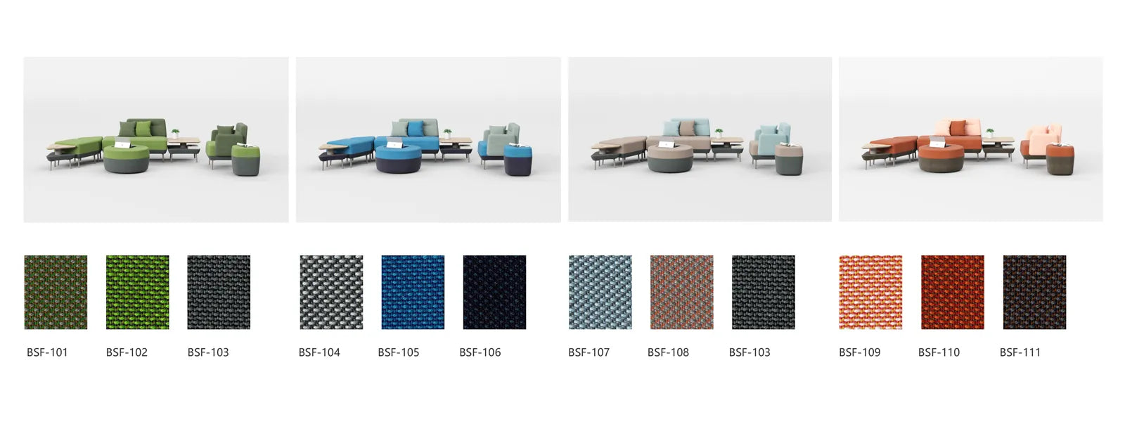 Flujo Märta fabric options for modular furniture, showcasing diverse color palettes in Singapore.