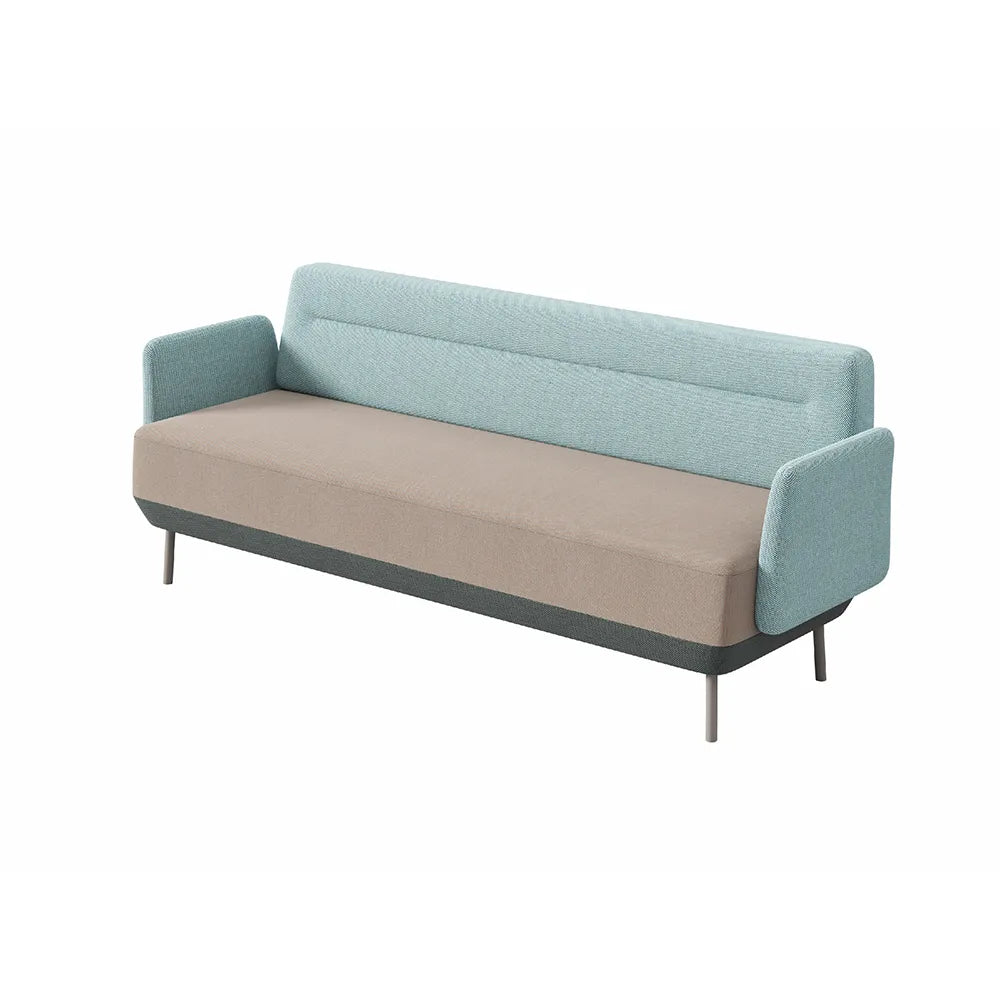 Flujo Marta Series round ottoman with beige and green fabric, designed for versatile office lounge setups.