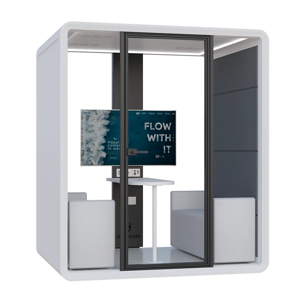 Alternate angled view of the Flujo Nexus Office Pod featuring the glass door, seating arrangement, and central power module.