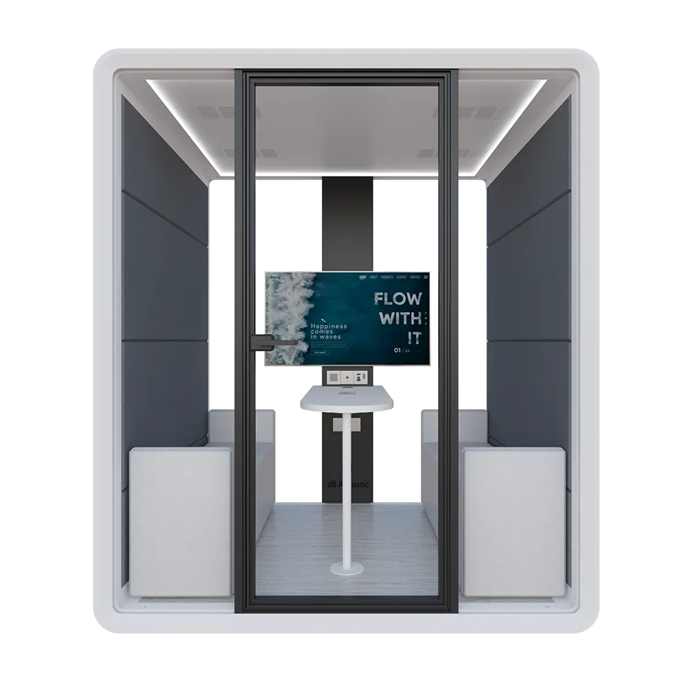 Front view of the Flujo Nexus Office Pod showing interior features like the central desk, modular acoustic board, and seating arrangement.