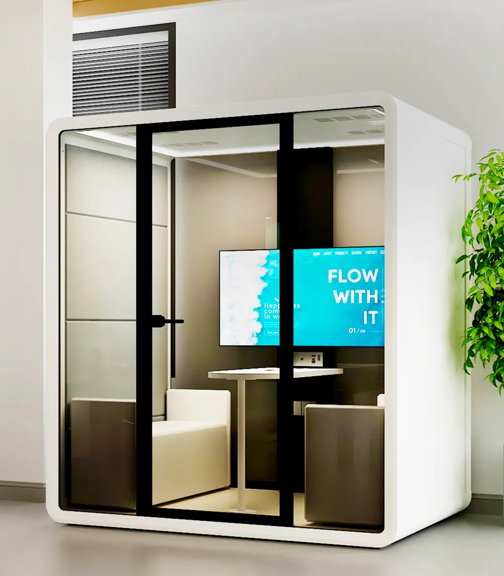 Flujo Nexus Office Pod situated in a modern open-plan office environment, providing a private space for meetings or focused work.