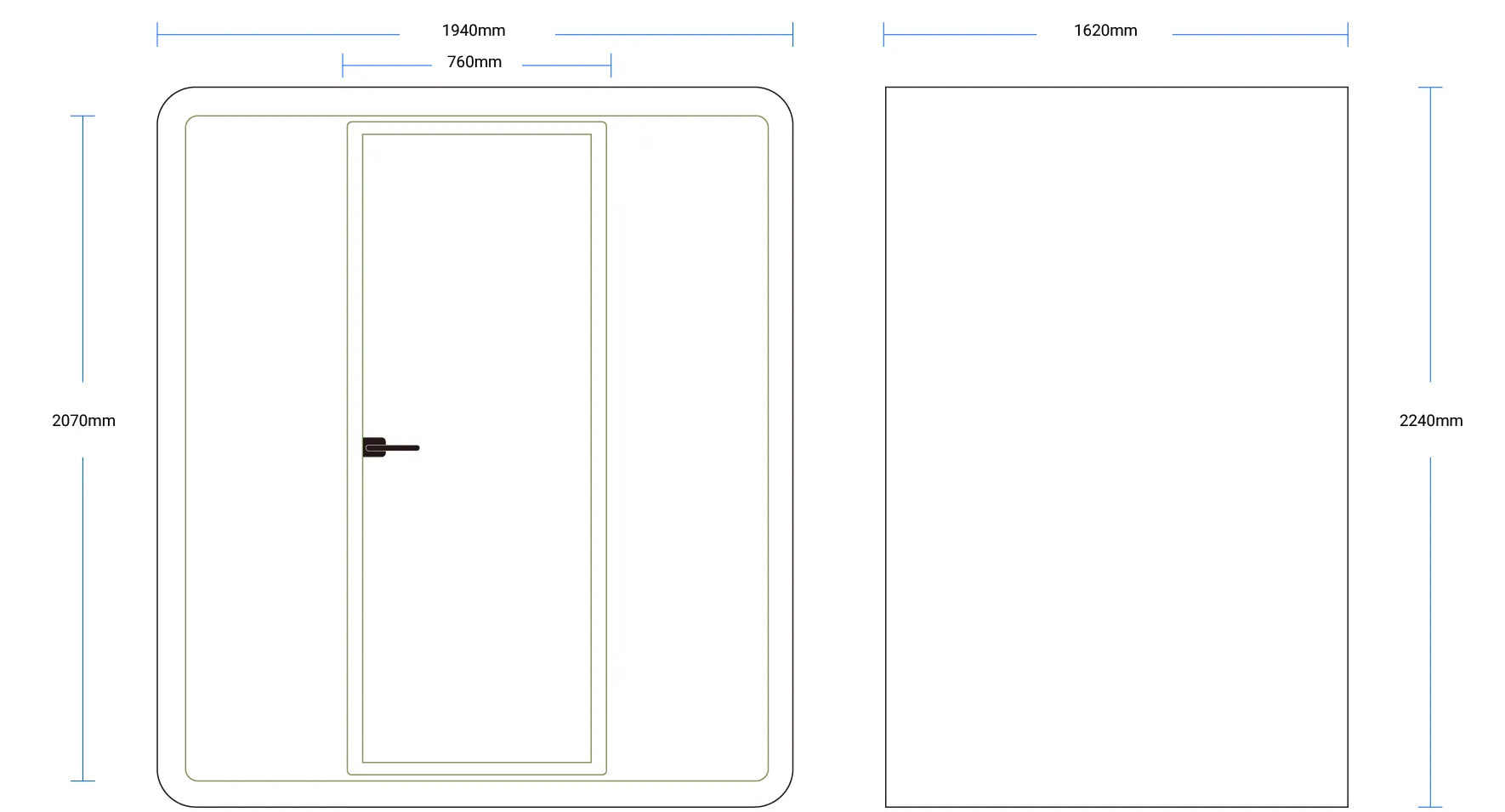 Technical drawing of Flujo Nexus Office Pod with detailed dimensions, including door and frame specifications.