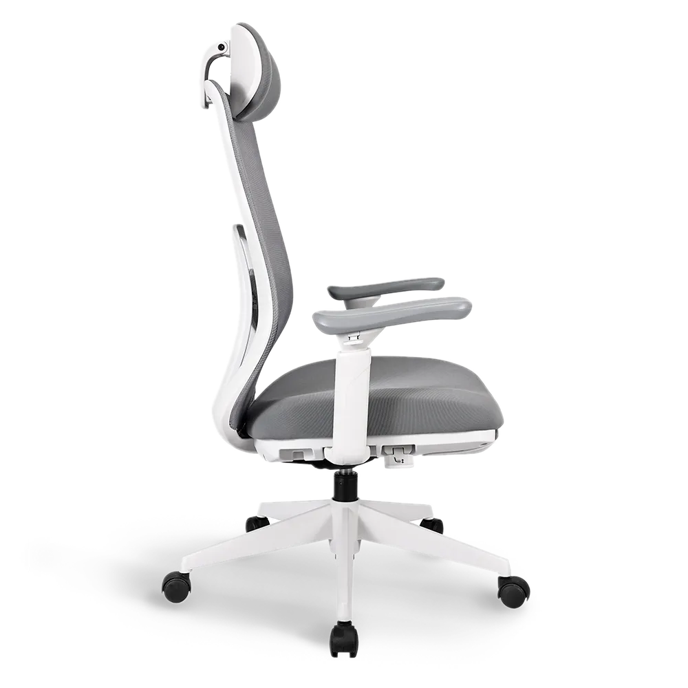 Side view of the Flujo Pluto Ergonomic Chair showcasing its ergonomic design, adjustable armrests, and headrest, perfect for Singapore office setups.