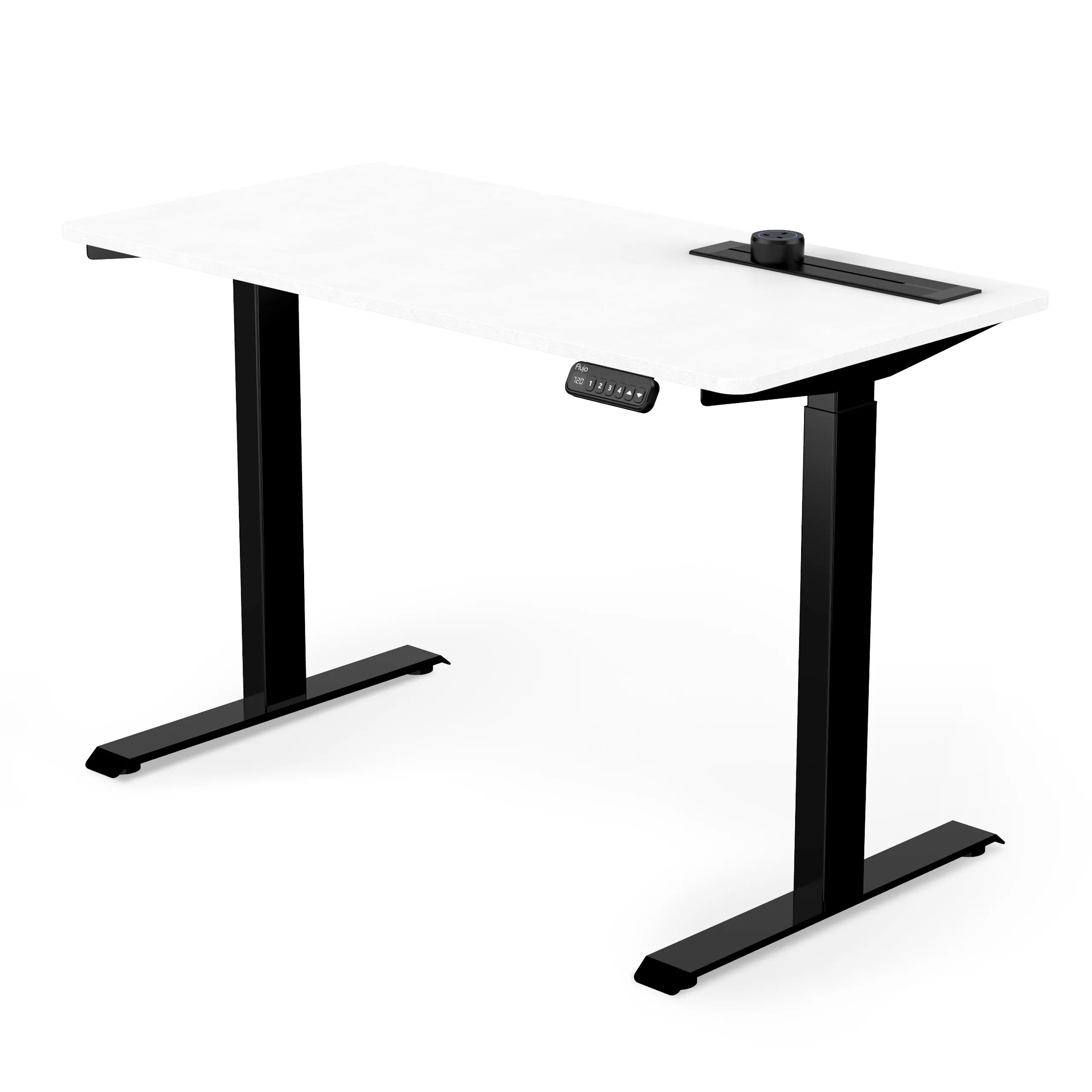 Adjustable height standing desk with a Warm White colour table  top and black legs frame, featuring a digital keypad control panel