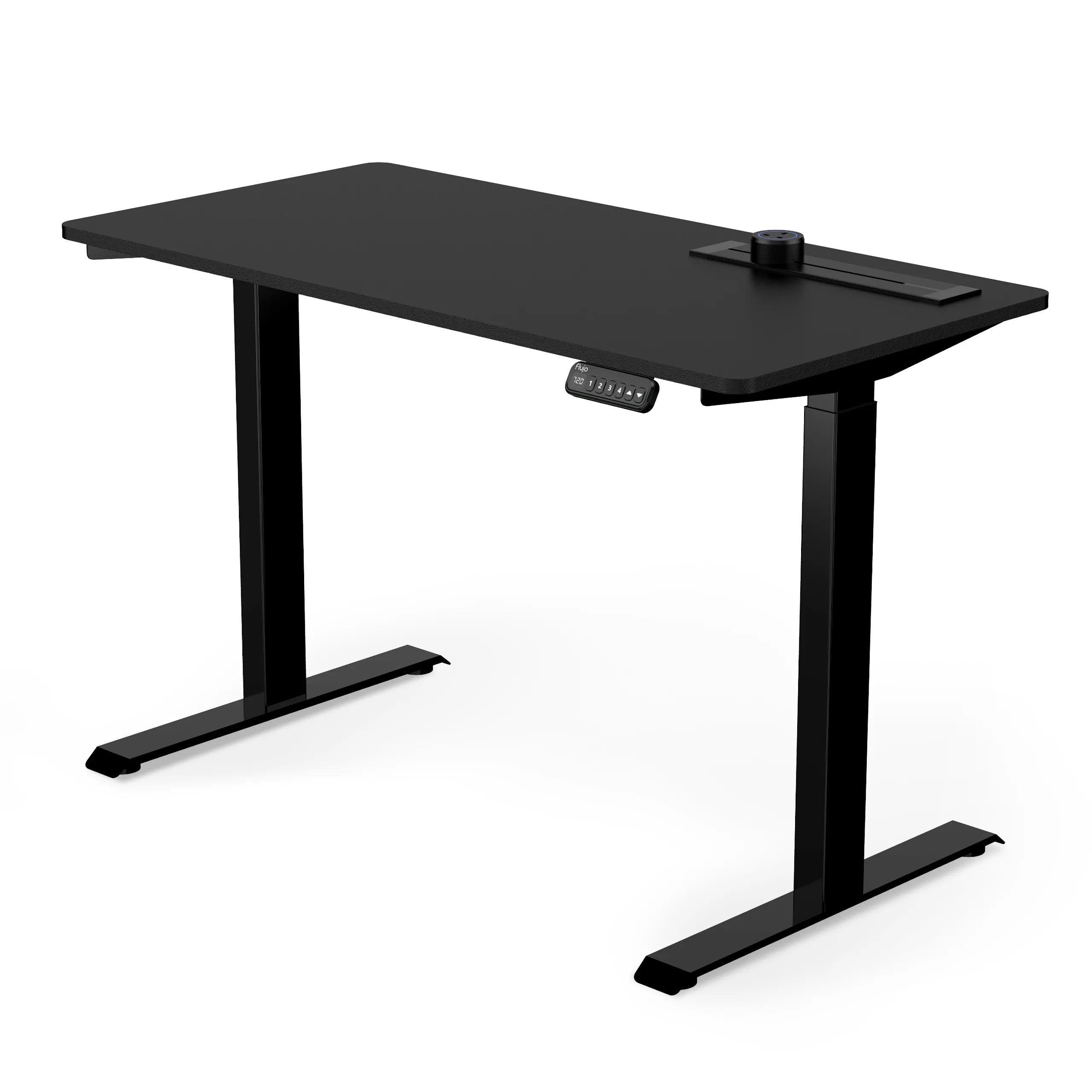 Adjustable height standing desk with a Black colour table  top and black legs frame, featuring a digital keypad control panel