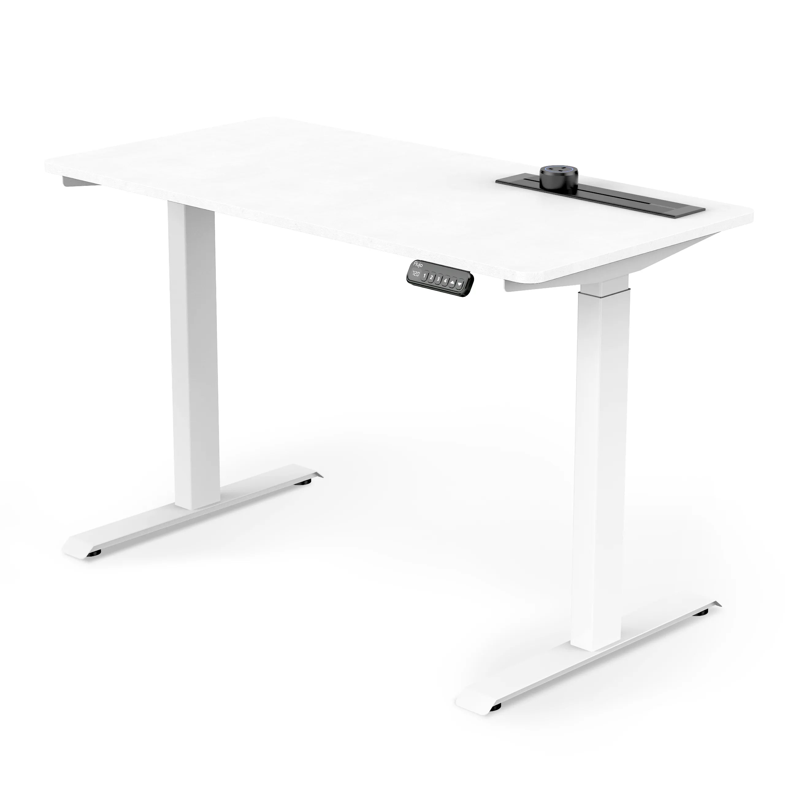 Minimalist white SmartAxle Pro Ergonomic Standing Desk with a spacious tabletop and digital height adjustment control panel for a modern and healthy workspace