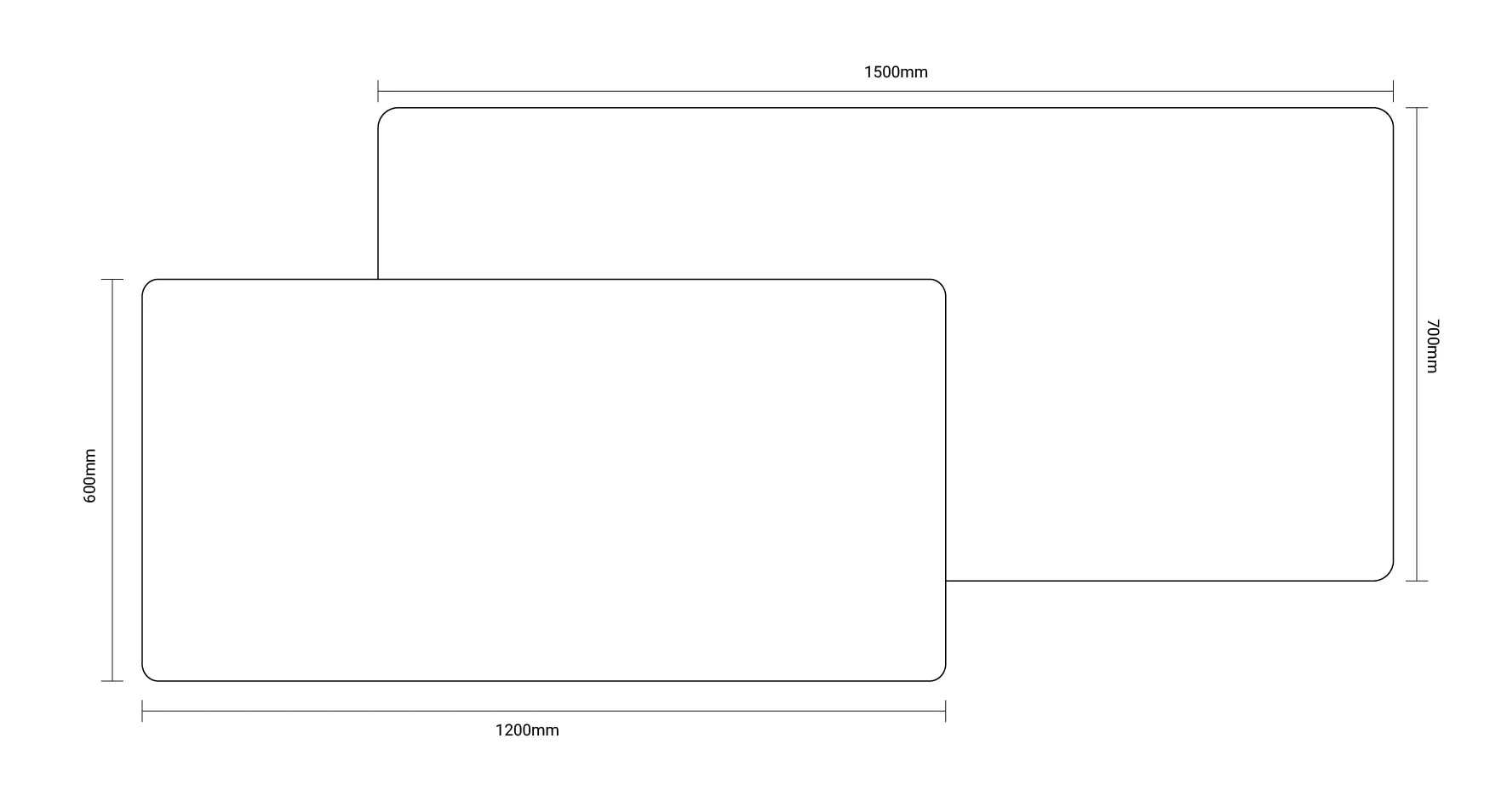 Tabletop sizes for Flujo SmarTrax Standing Desk, available in 1200mm x 600mm and 1500mm x 700mm dimensions