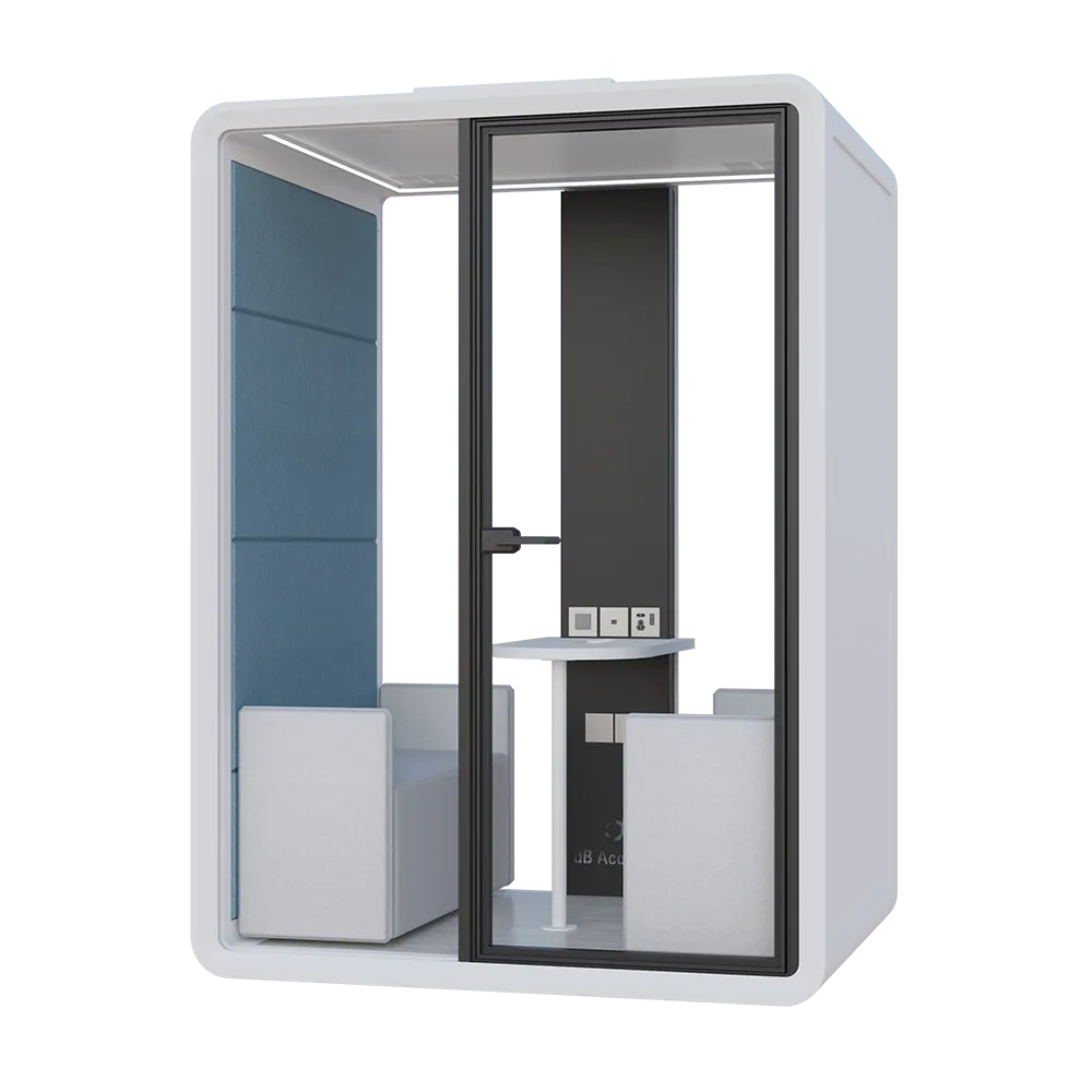 Angled view of the Flujo Sphere Work Pod showcasing seating arrangements for two, ideal for small meetings or focused work sessions.