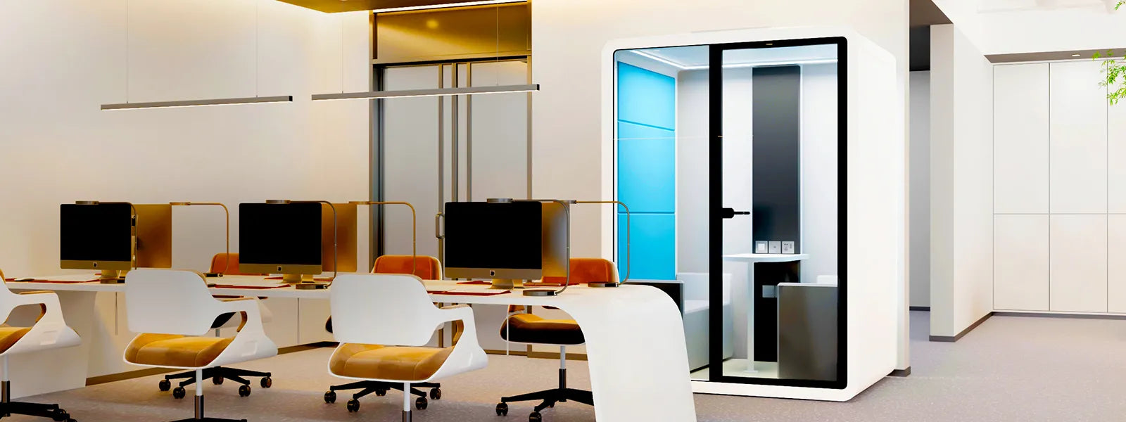 Flujo Sphere Work Pod placed within a modern open office, demonstrating its integration into collaborative work environments.