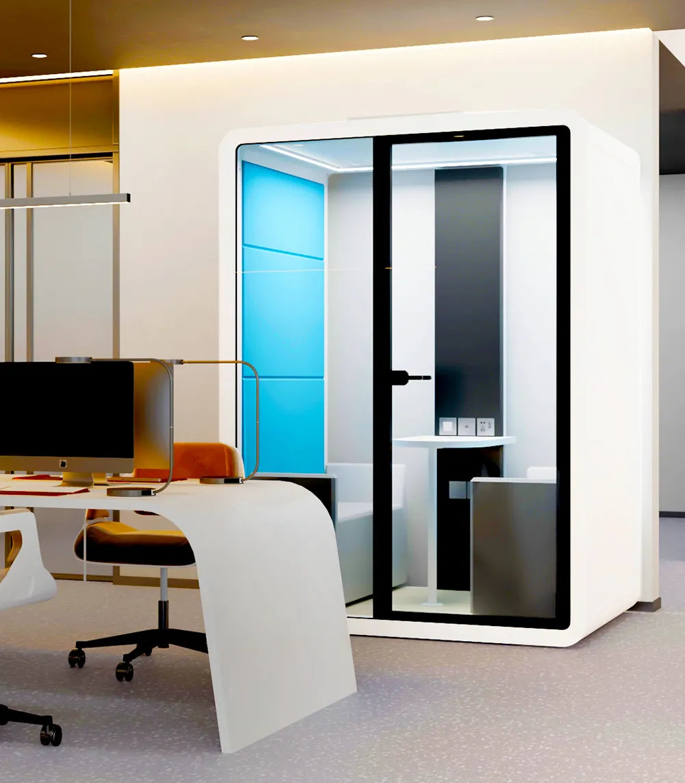 Flujo Sphere Work Pod placed within a modern open office, demonstrating its integration into collaborative work environments.