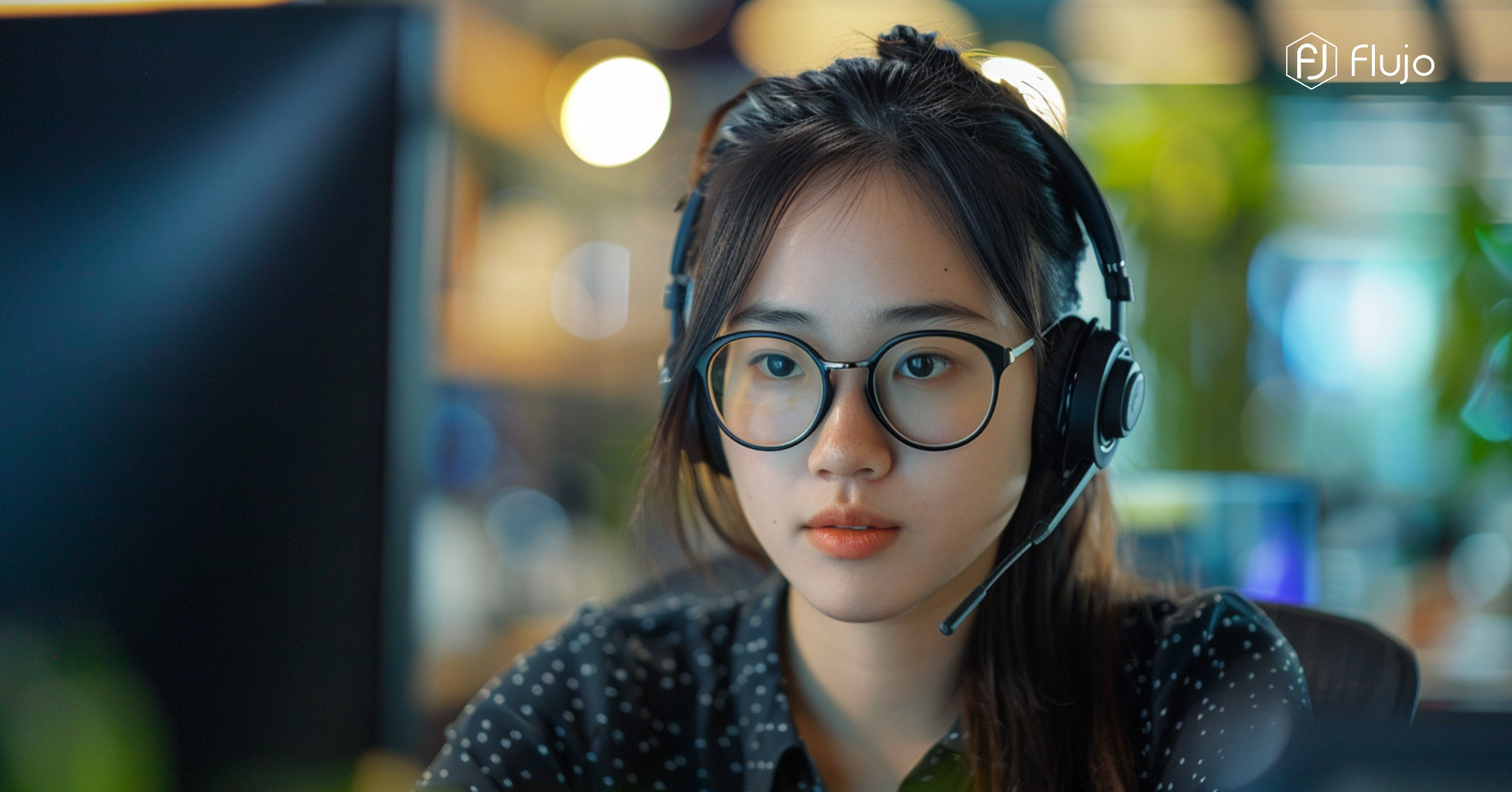 Focused young professional wearing a headset in a modern Singapore office, showcasing Flujo's commitment to transforming office spaces for better focus and productivity.