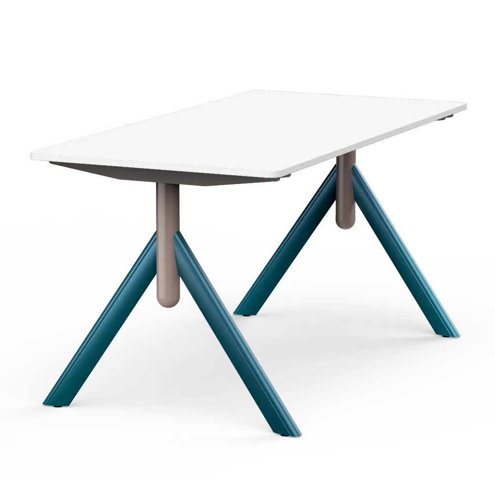 Flujo TriFlex Desk with unique angled legs and wooden top