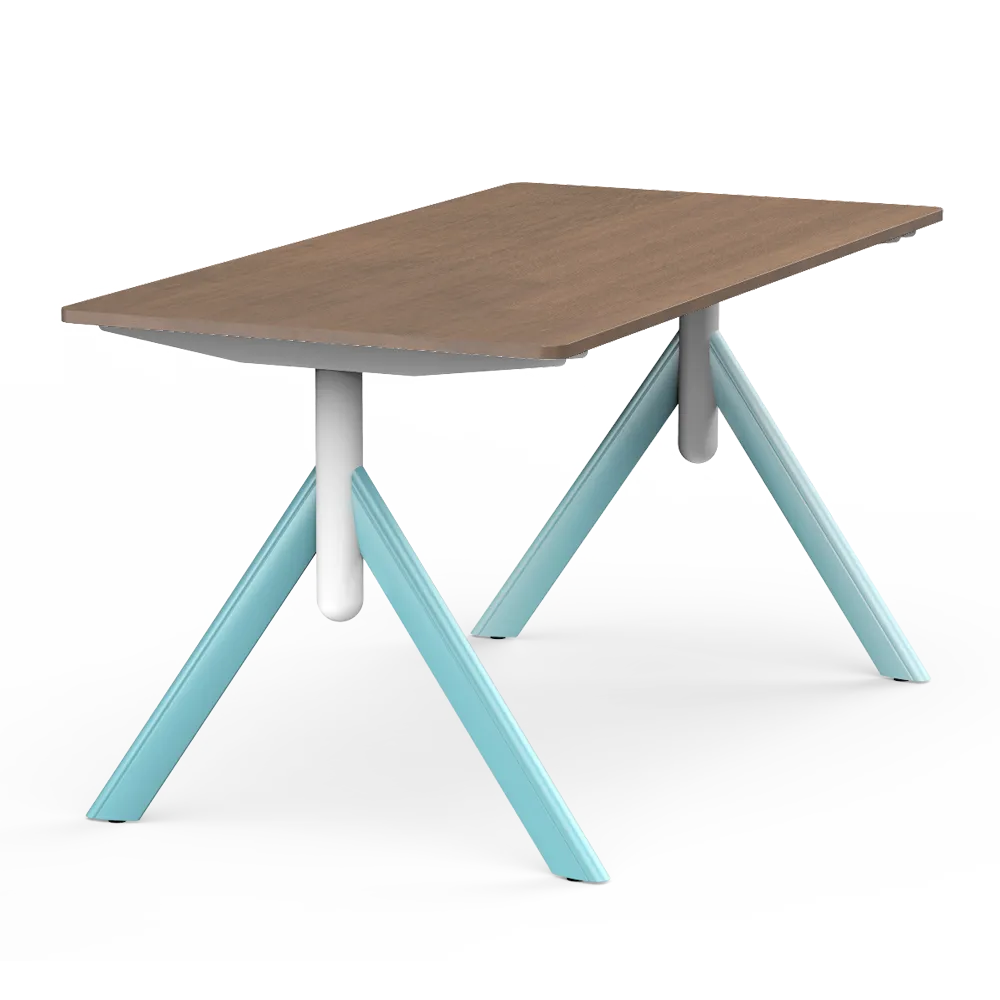 Flujo TriFlex Desk with light blue legs and white center support