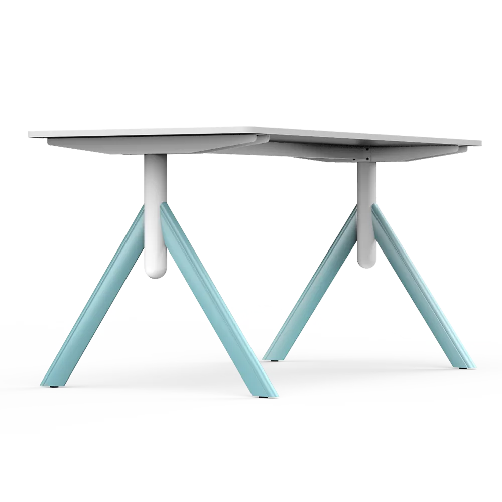 Flujo TriFlex Desk with light blue legs and white center support